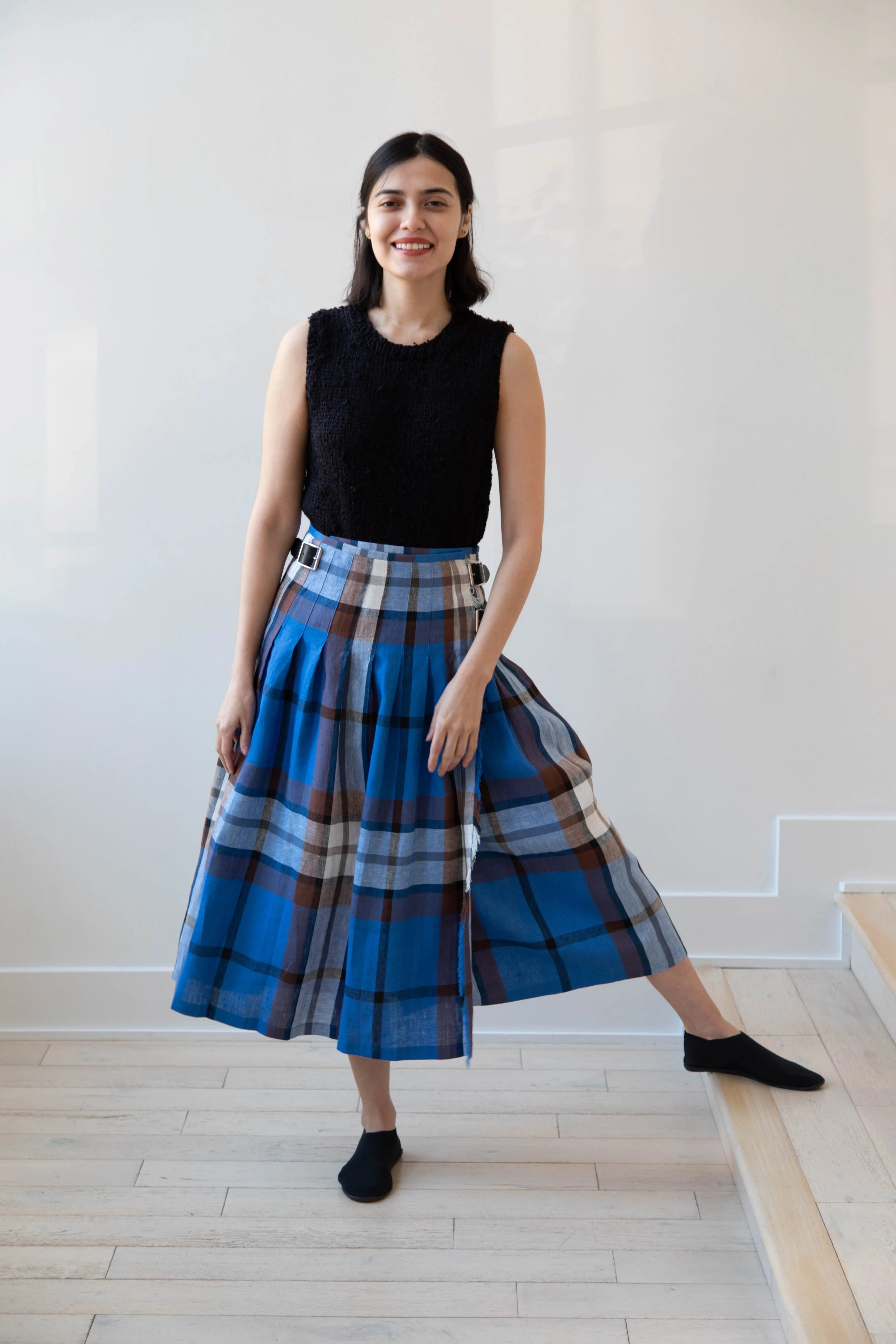 O'Neil of Dublin | Linen Pleated Skirt in Blue Check