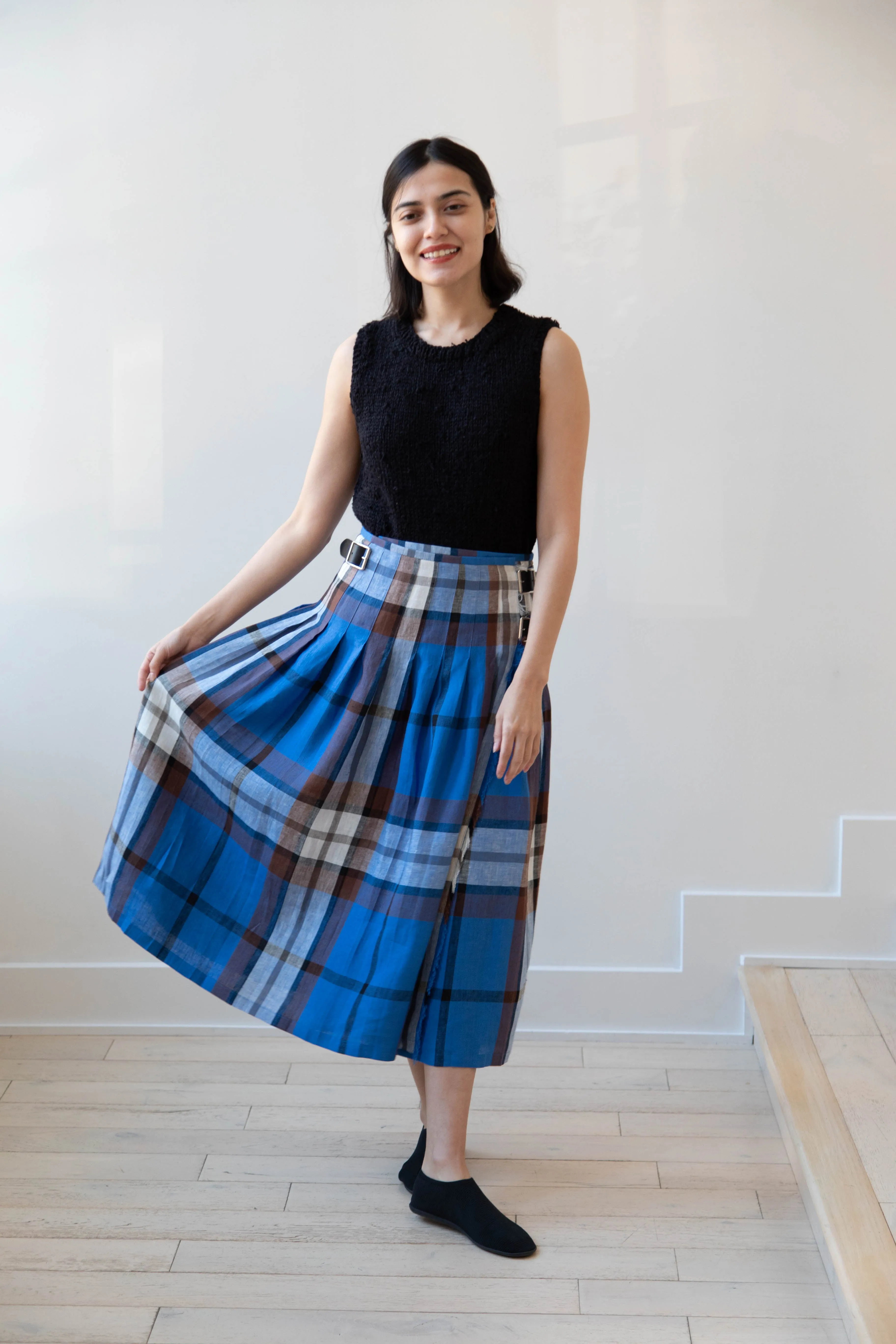 O'Neil of Dublin | Linen Pleated Skirt in Blue Check