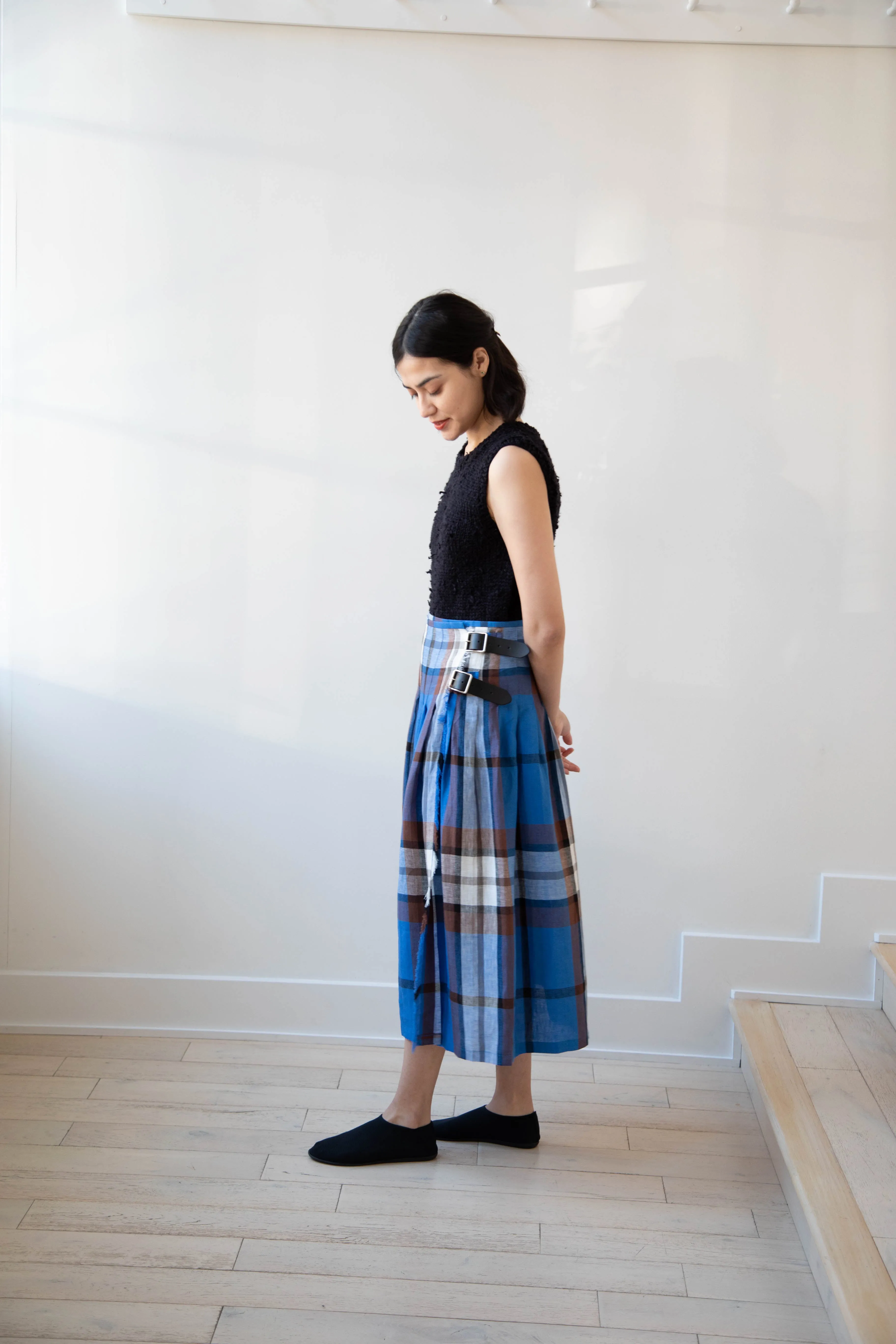 O'Neil of Dublin | Linen Pleated Skirt in Blue Check