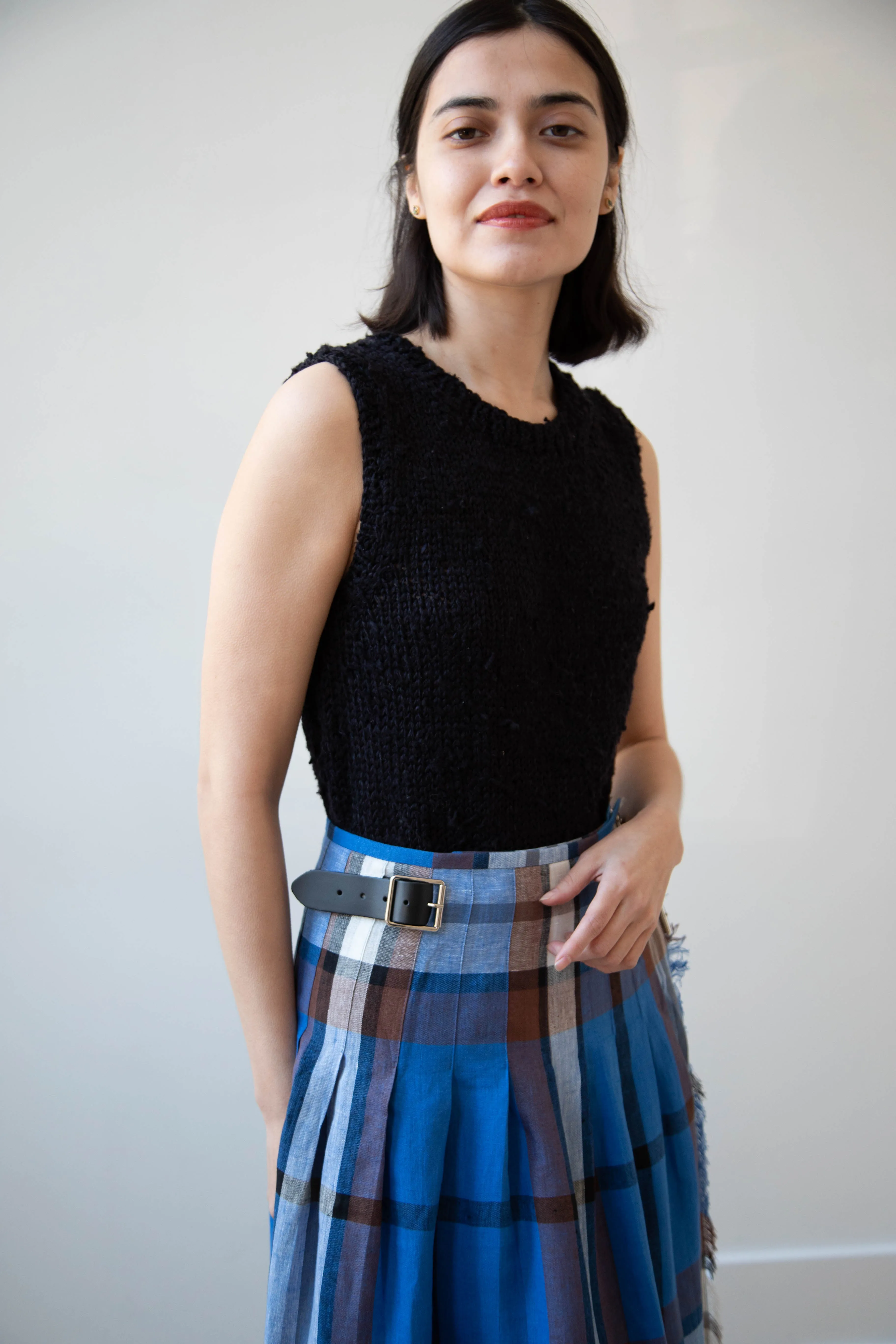 O'Neil of Dublin | Linen Pleated Skirt in Blue Check