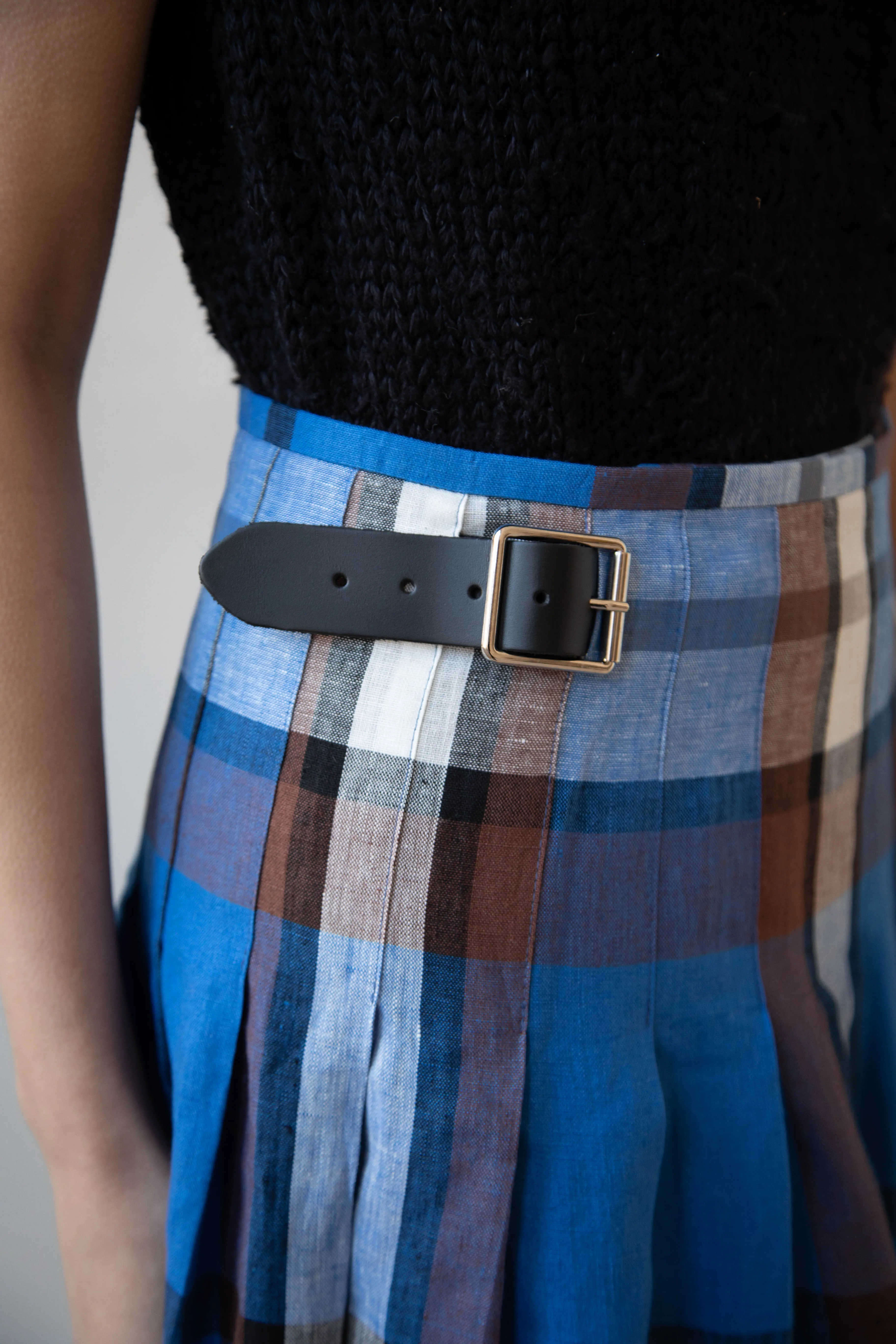 O'Neil of Dublin | Linen Pleated Skirt in Blue Check