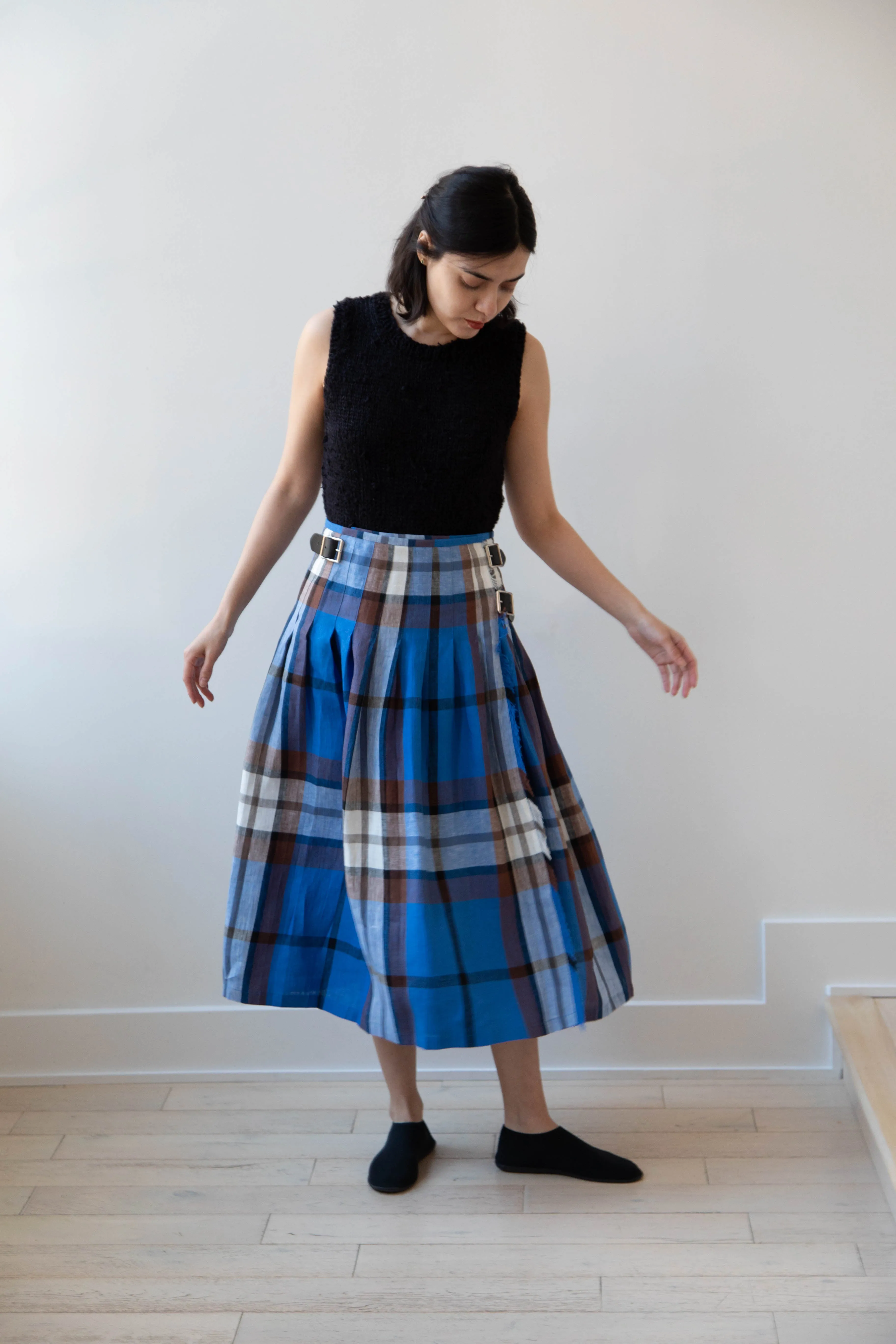 O'Neil of Dublin | Linen Pleated Skirt in Blue Check