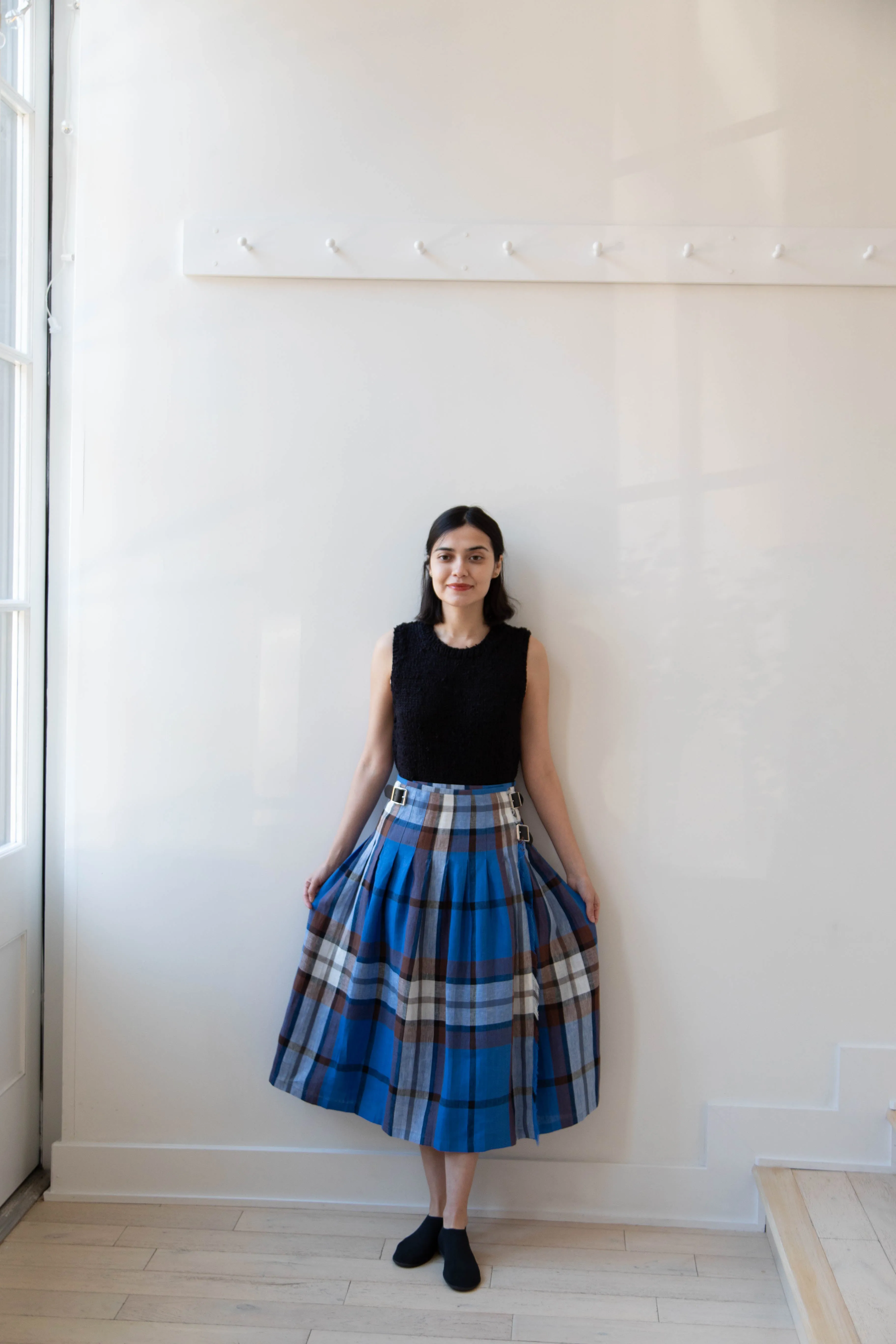 O'Neil of Dublin | Linen Pleated Skirt in Blue Check