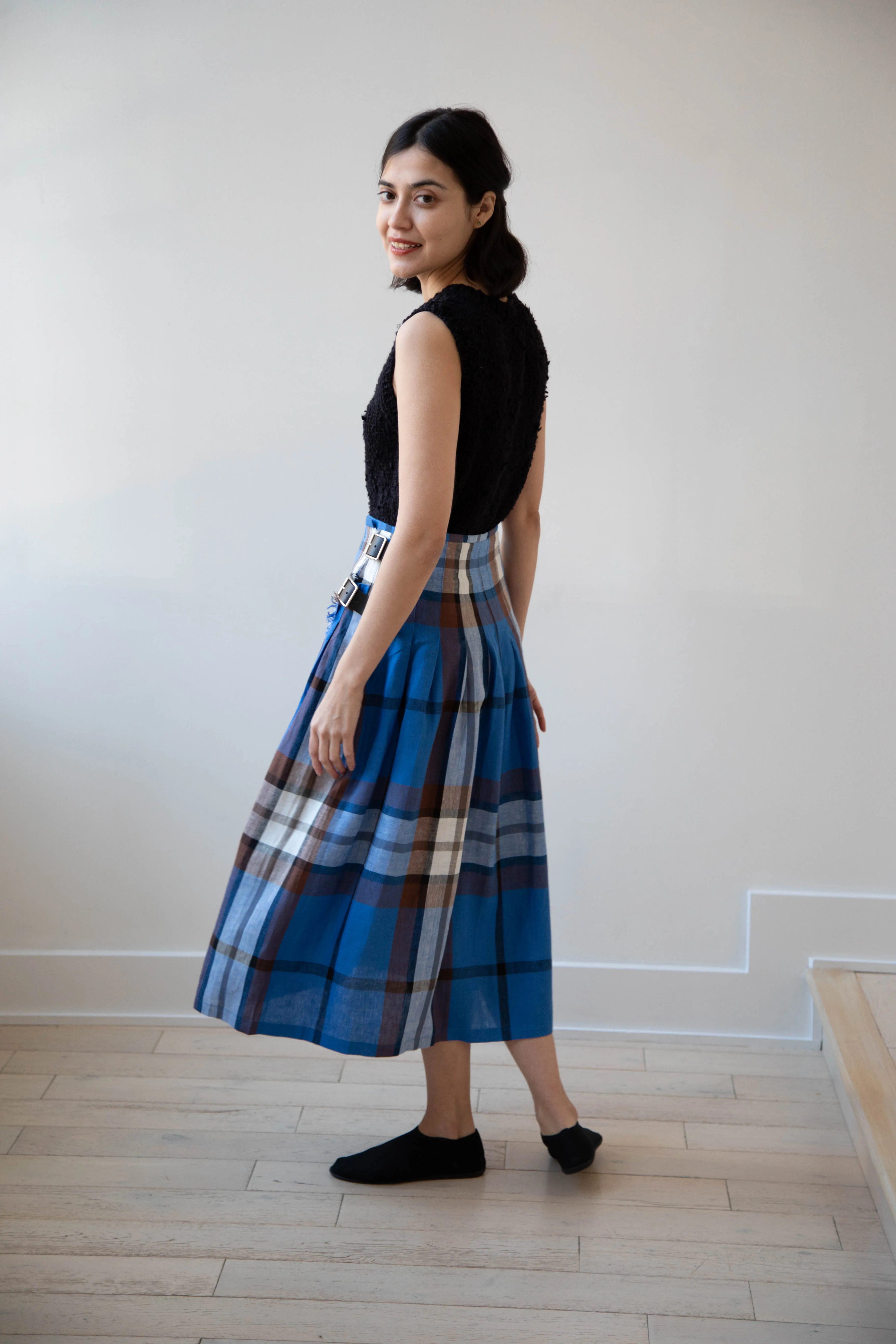 O'Neil of Dublin | Linen Pleated Skirt in Blue Check