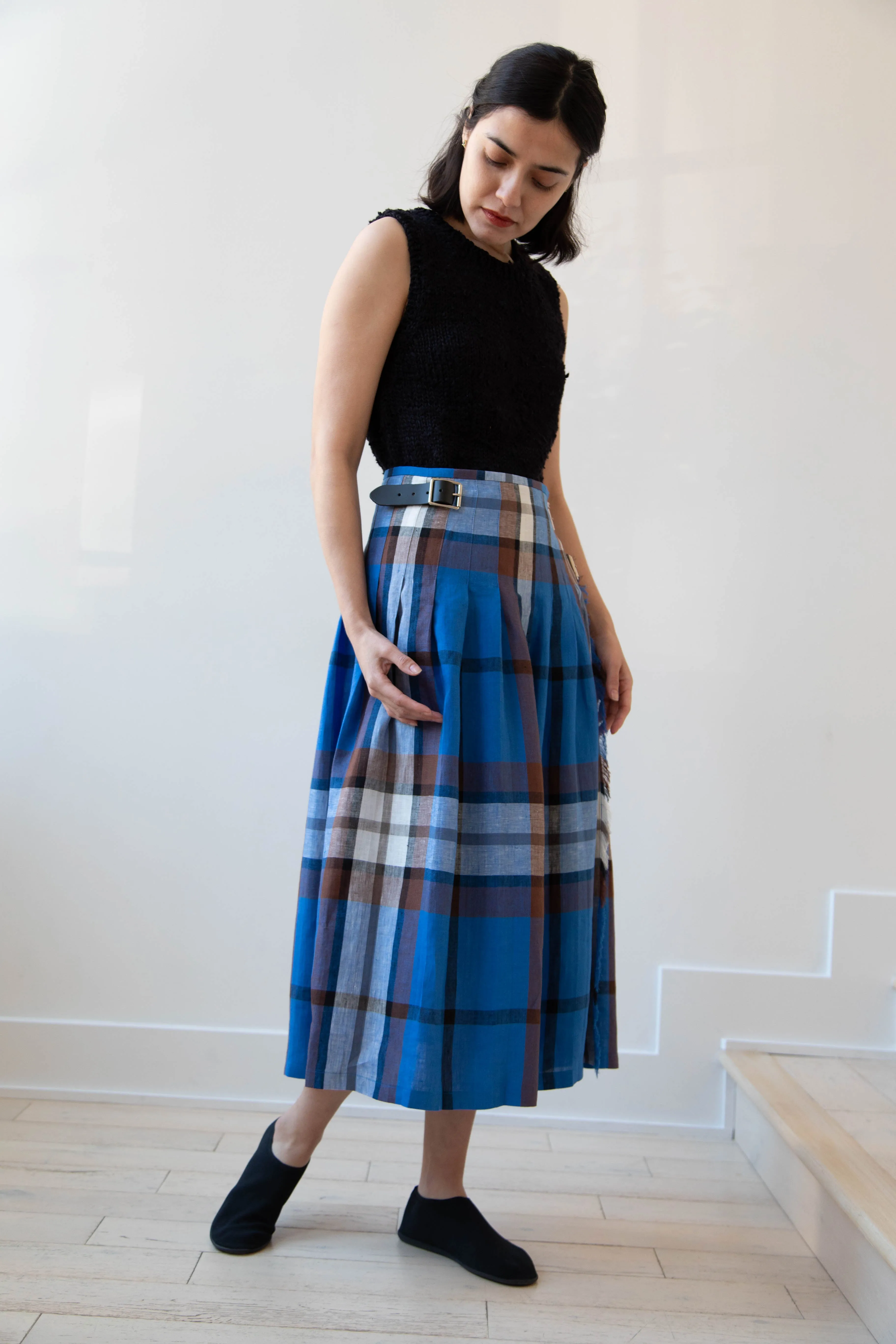 O'Neil of Dublin | Linen Pleated Skirt in Blue Check