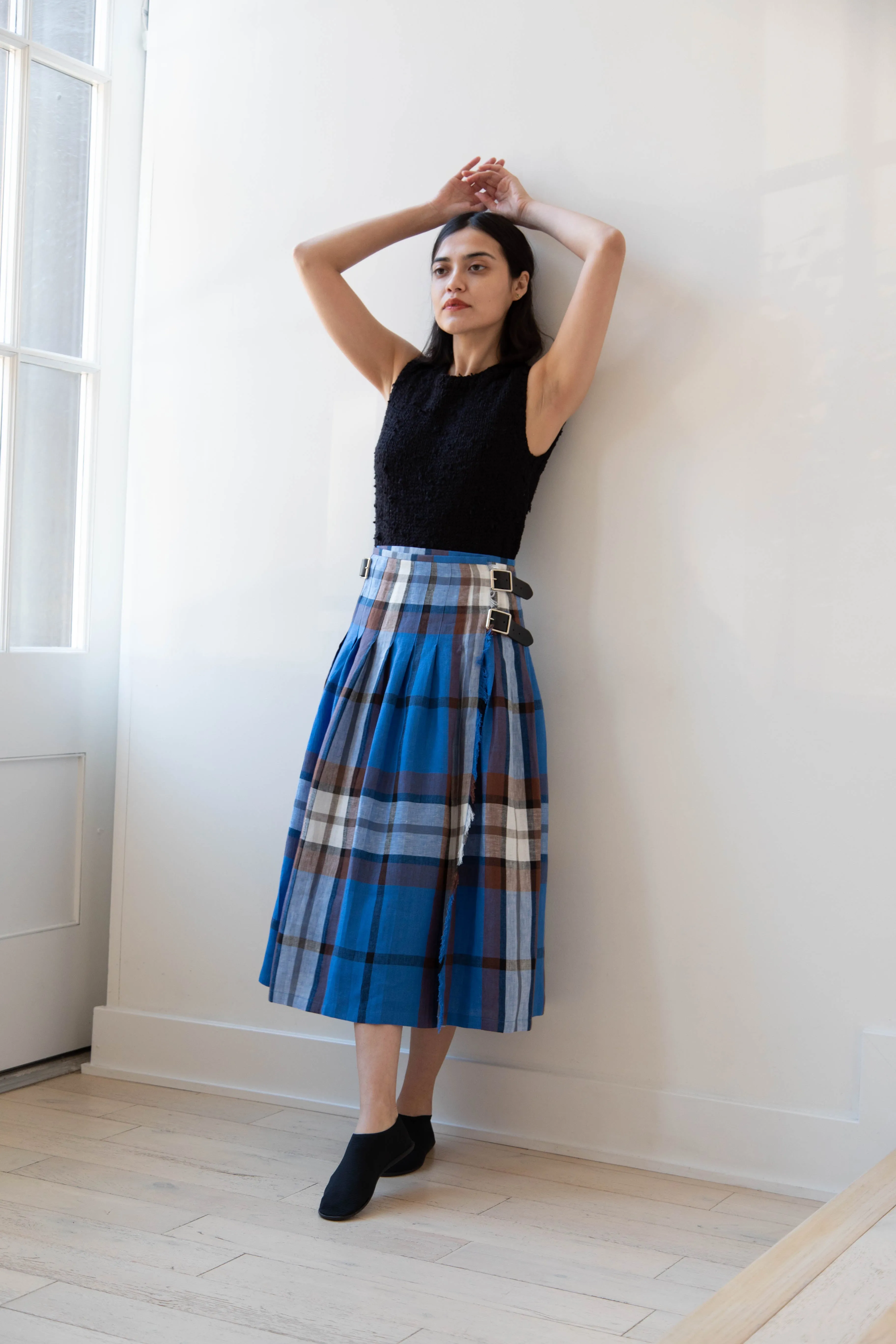 O'Neil of Dublin | Linen Pleated Skirt in Blue Check