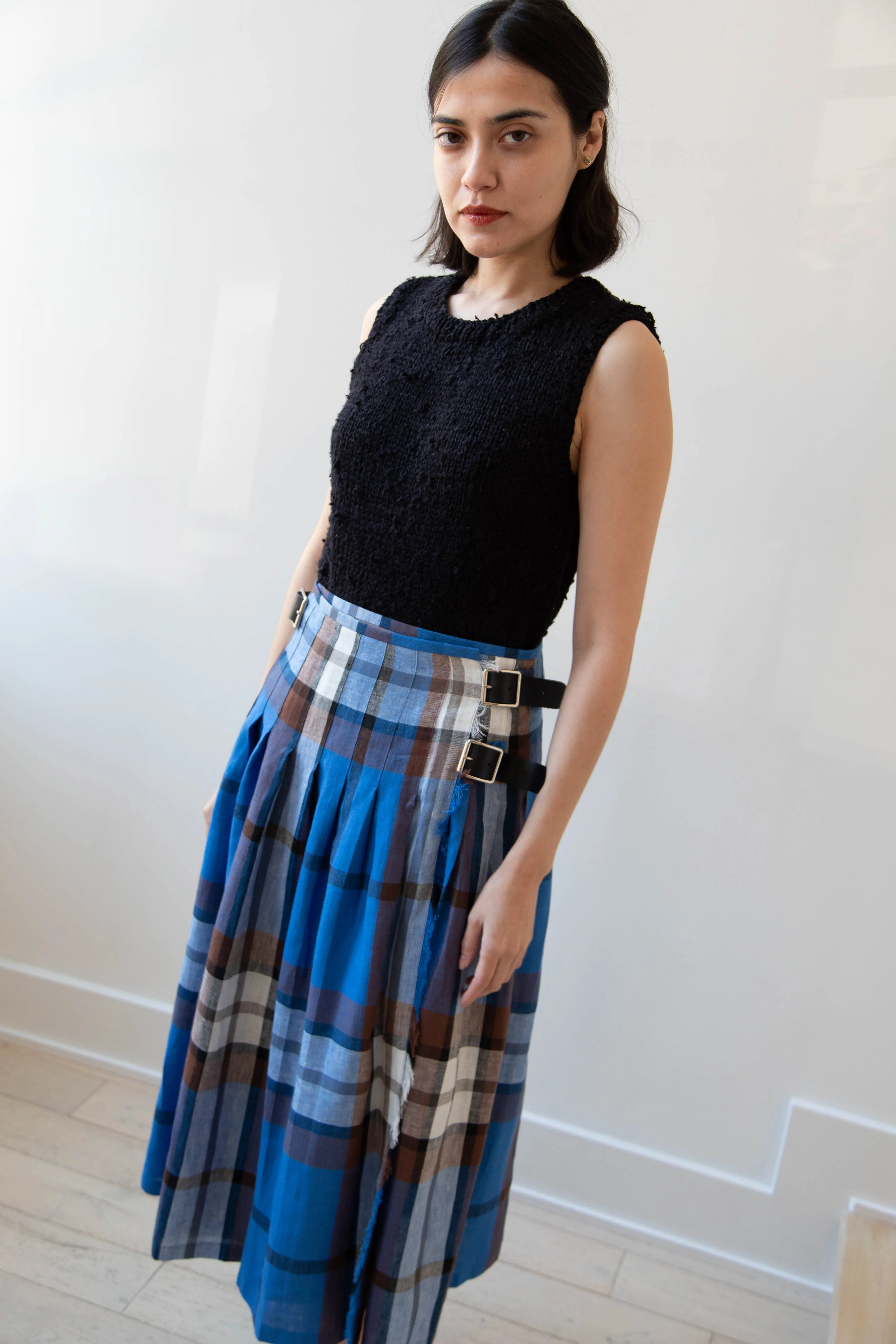 O'Neil of Dublin | Linen Pleated Skirt in Blue Check