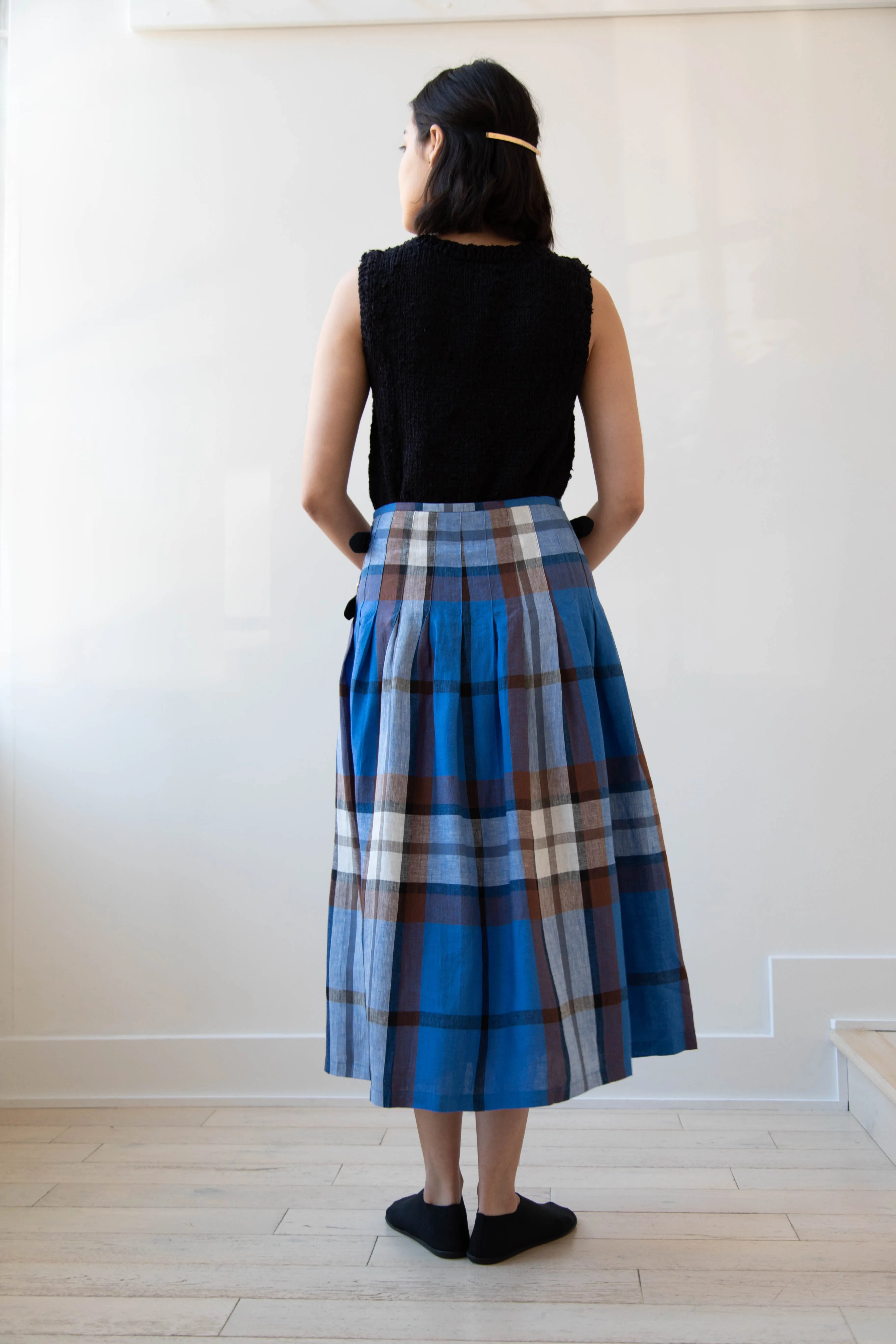 O'Neil of Dublin | Linen Pleated Skirt in Blue Check