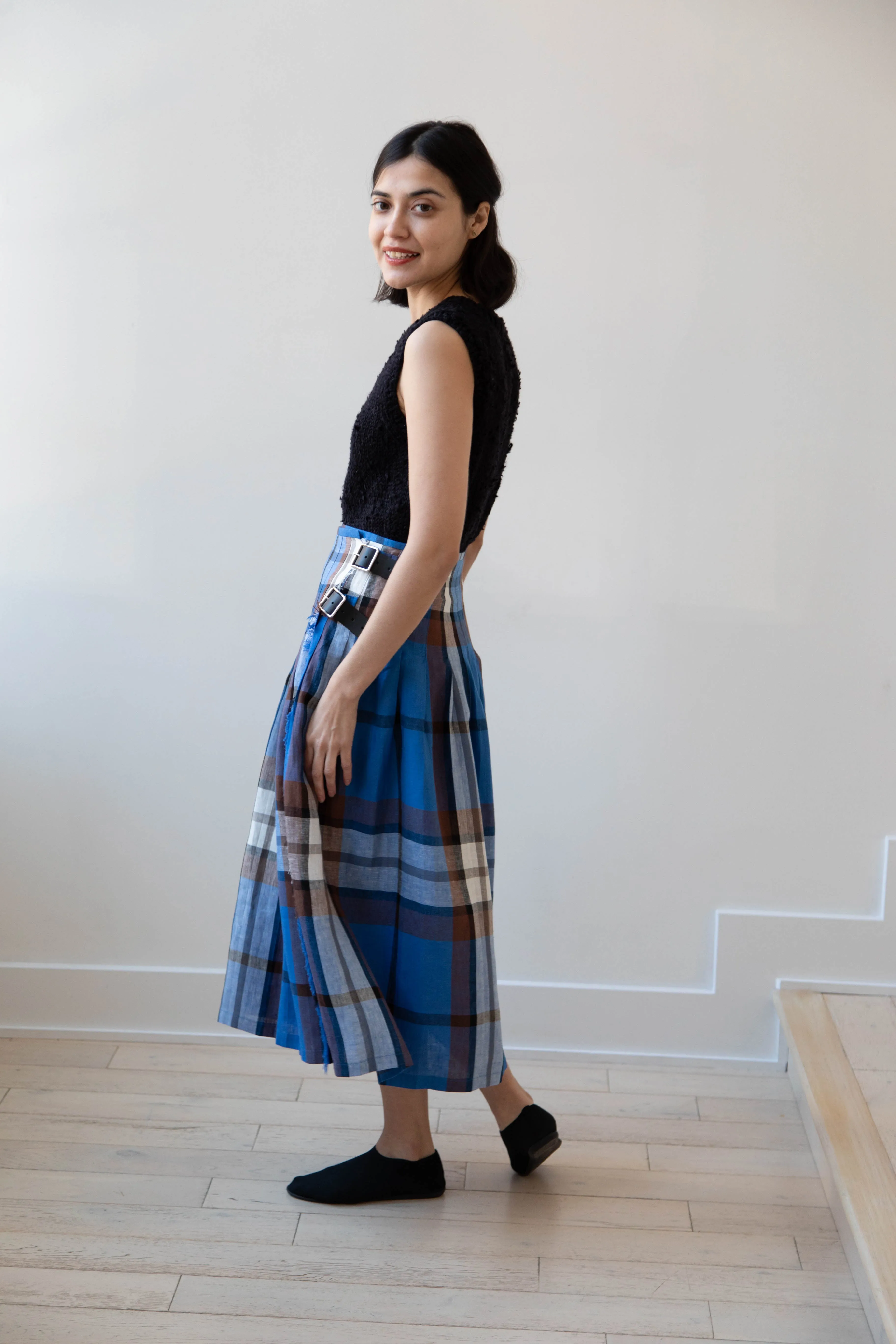 O'Neil of Dublin | Linen Pleated Skirt in Blue Check