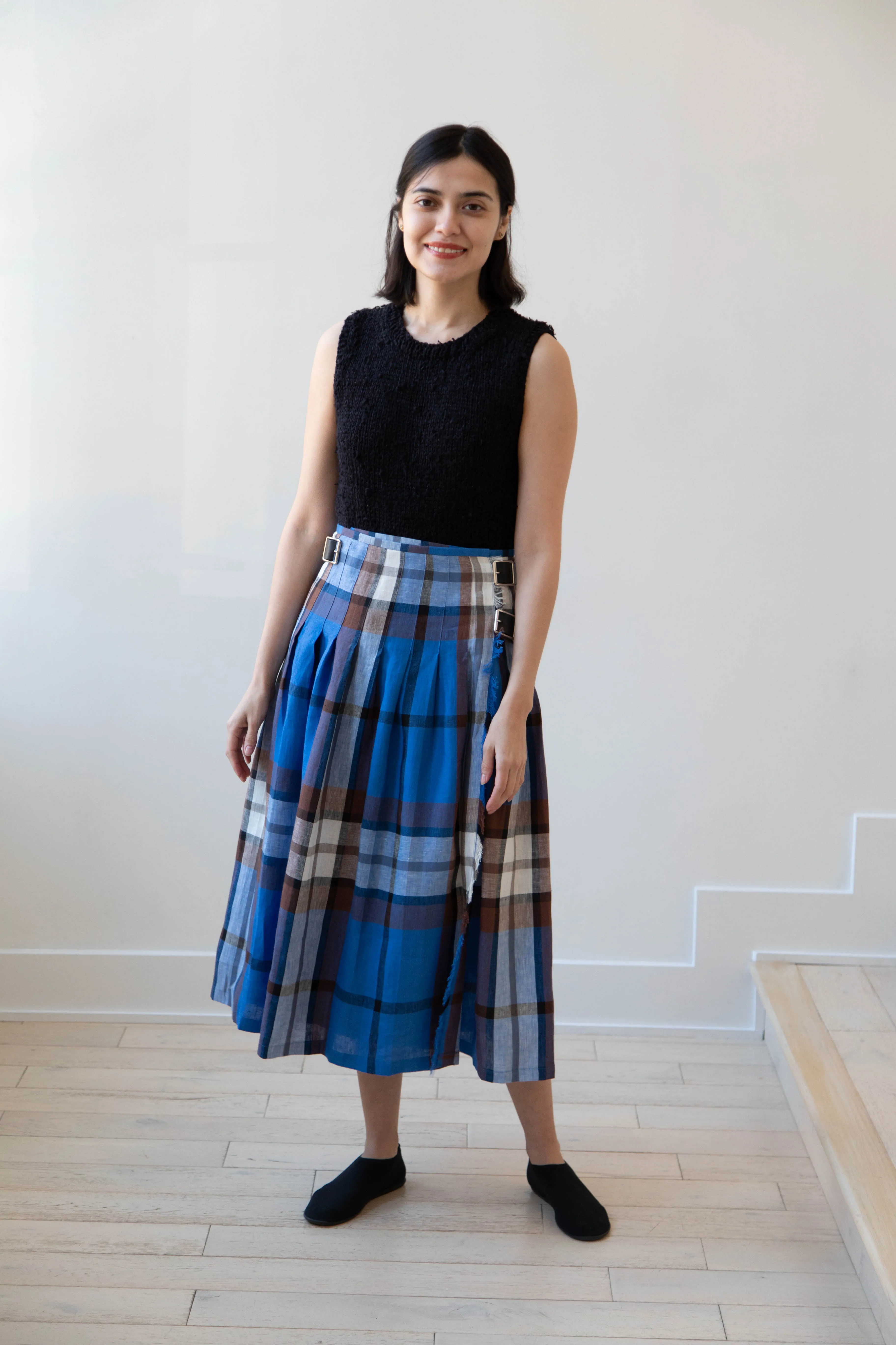 O'Neil of Dublin | Linen Pleated Skirt in Blue Check