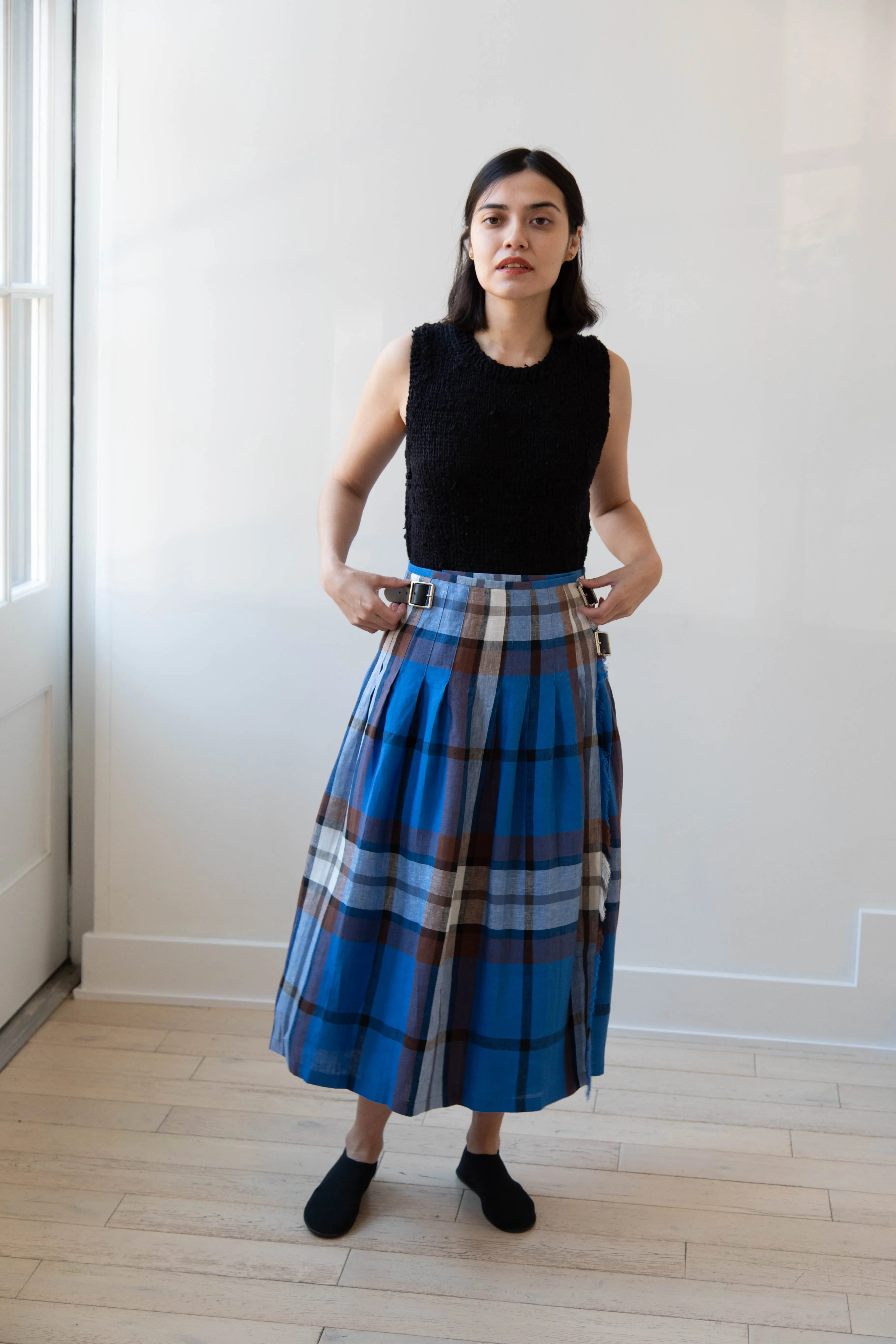 O'Neil of Dublin | Linen Pleated Skirt in Blue Check