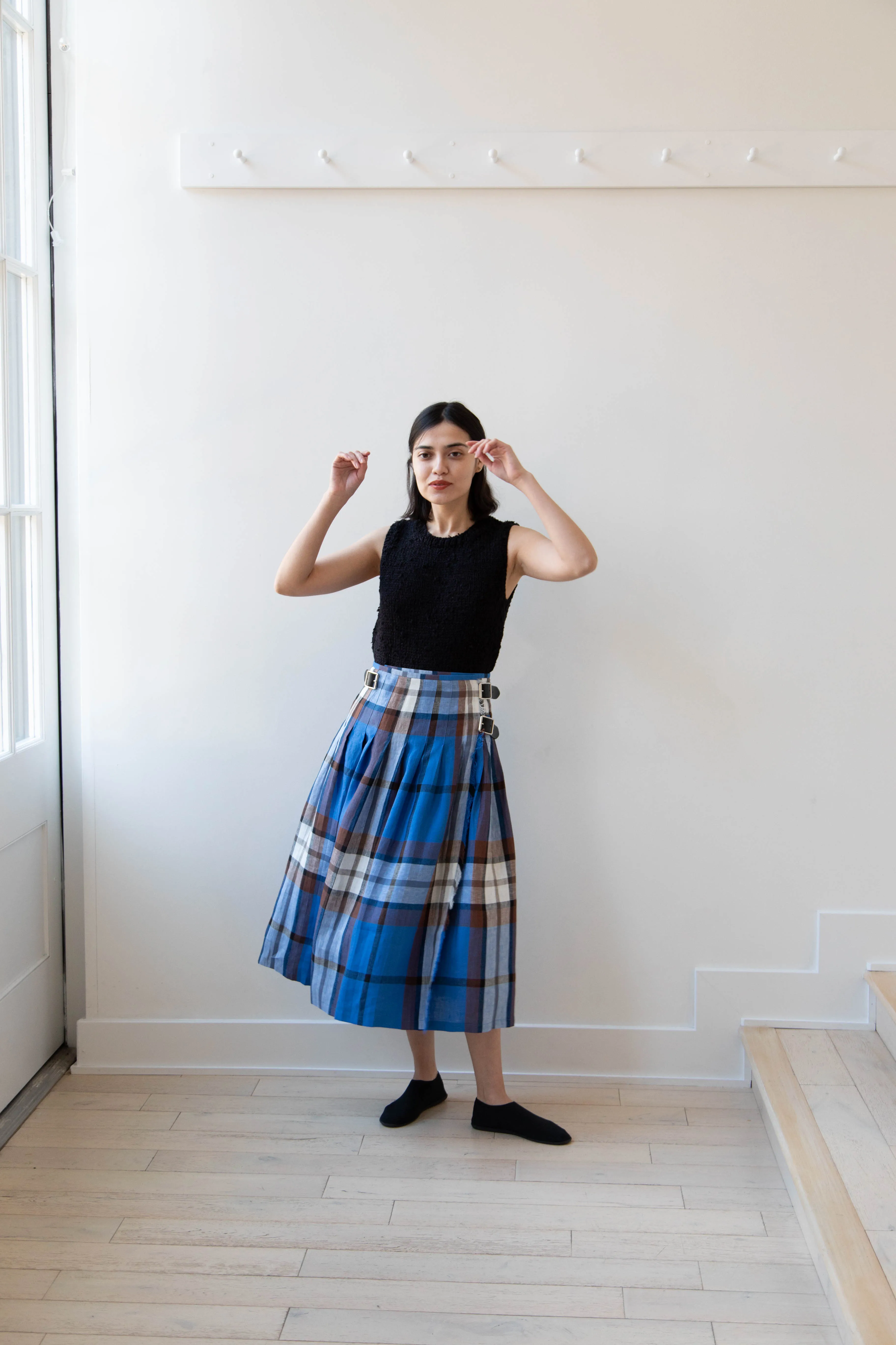 O'Neil of Dublin | Linen Pleated Skirt in Blue Check