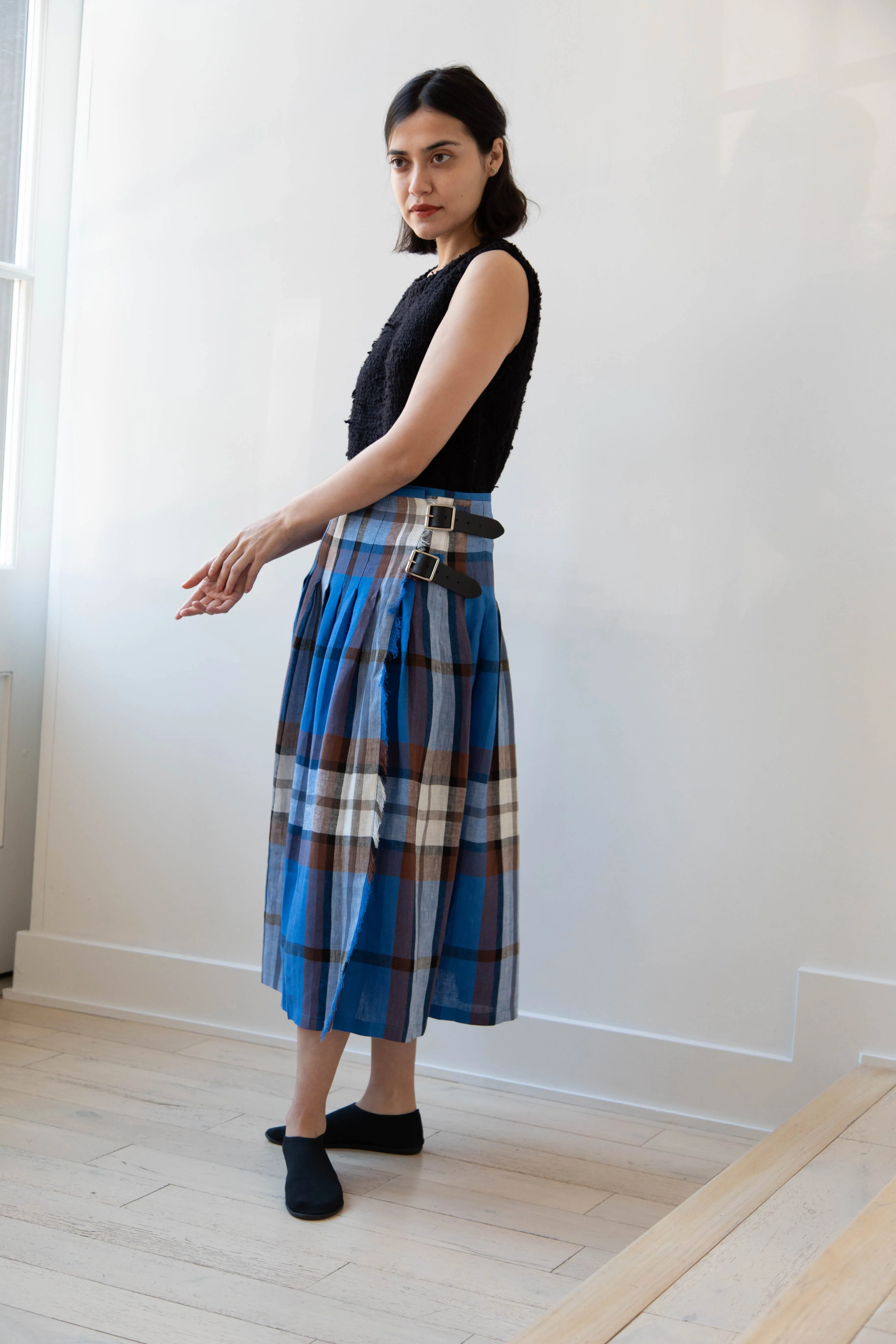 O'Neil of Dublin | Linen Pleated Skirt in Blue Check