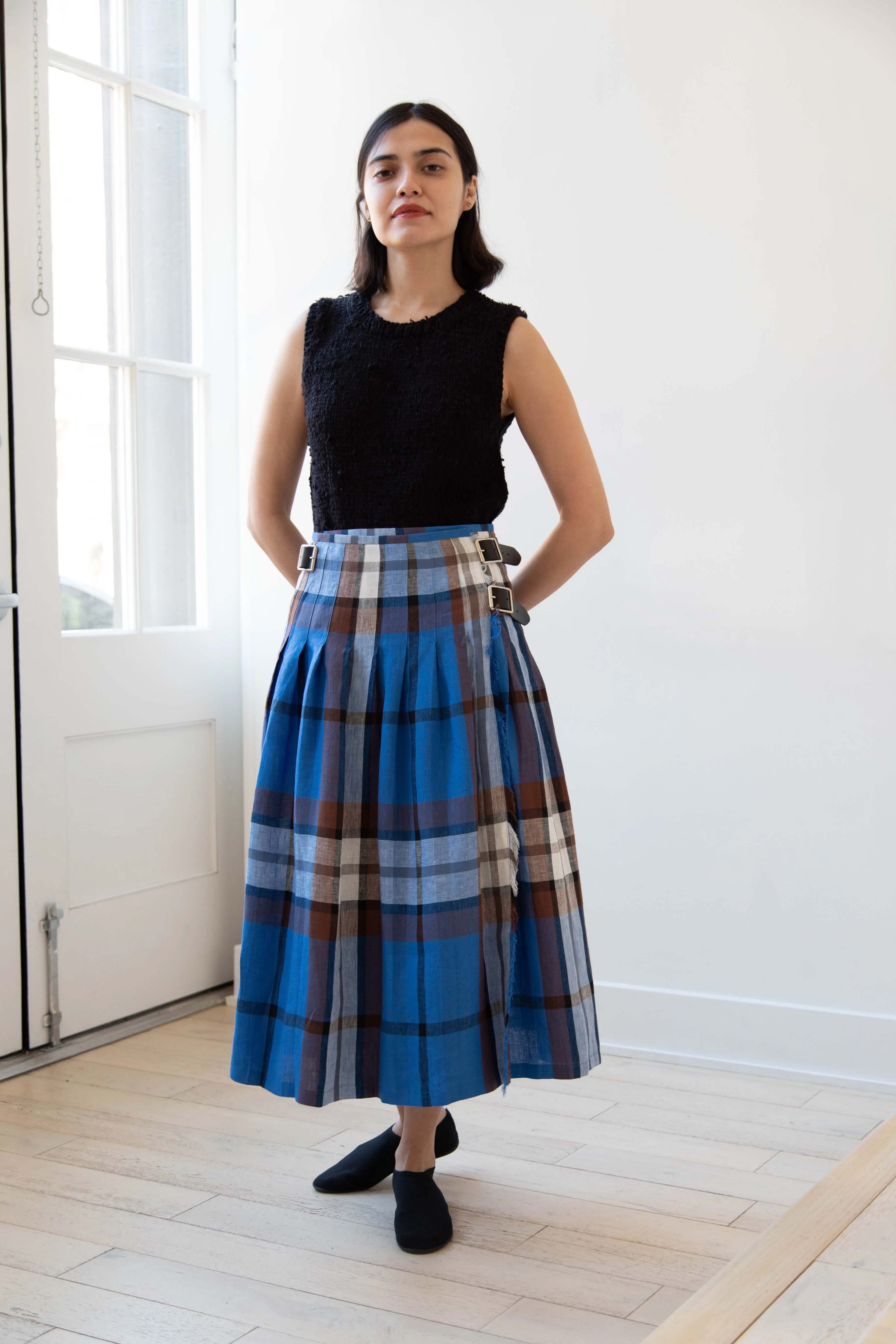 O'Neil of Dublin | Linen Pleated Skirt in Blue Check