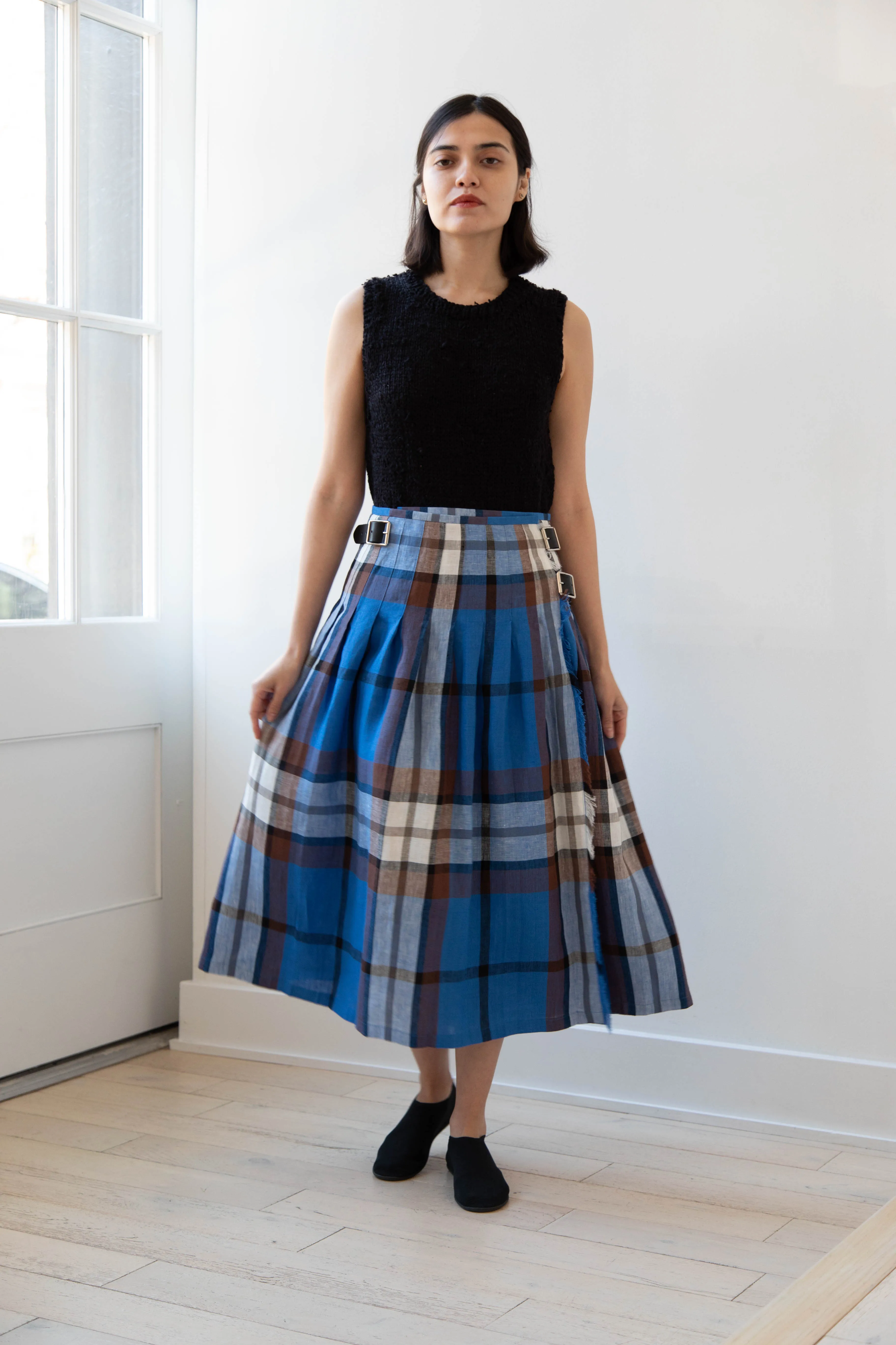 O'Neil of Dublin | Linen Pleated Skirt in Blue Check