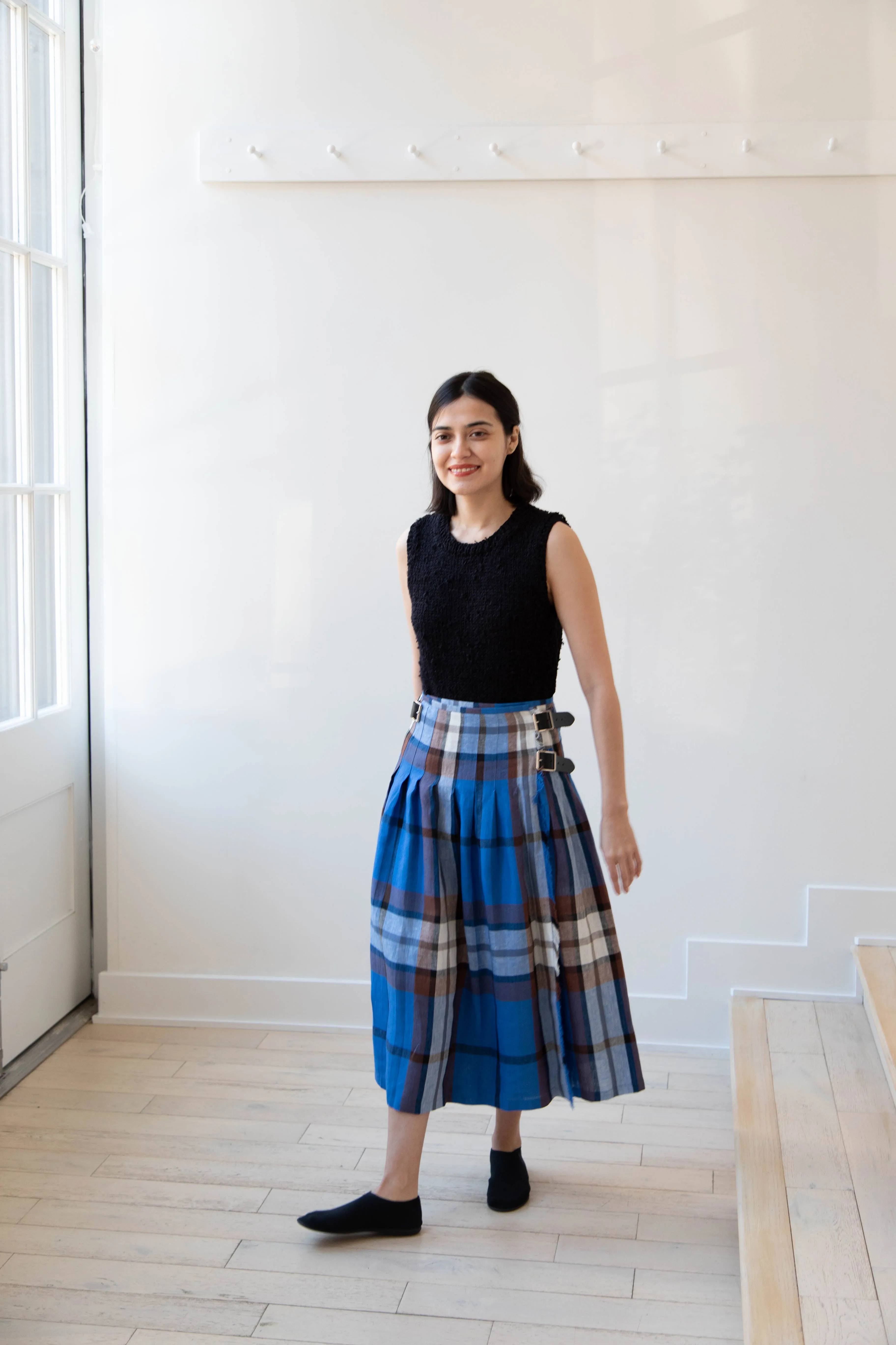 O'Neil of Dublin | Linen Pleated Skirt in Blue Check