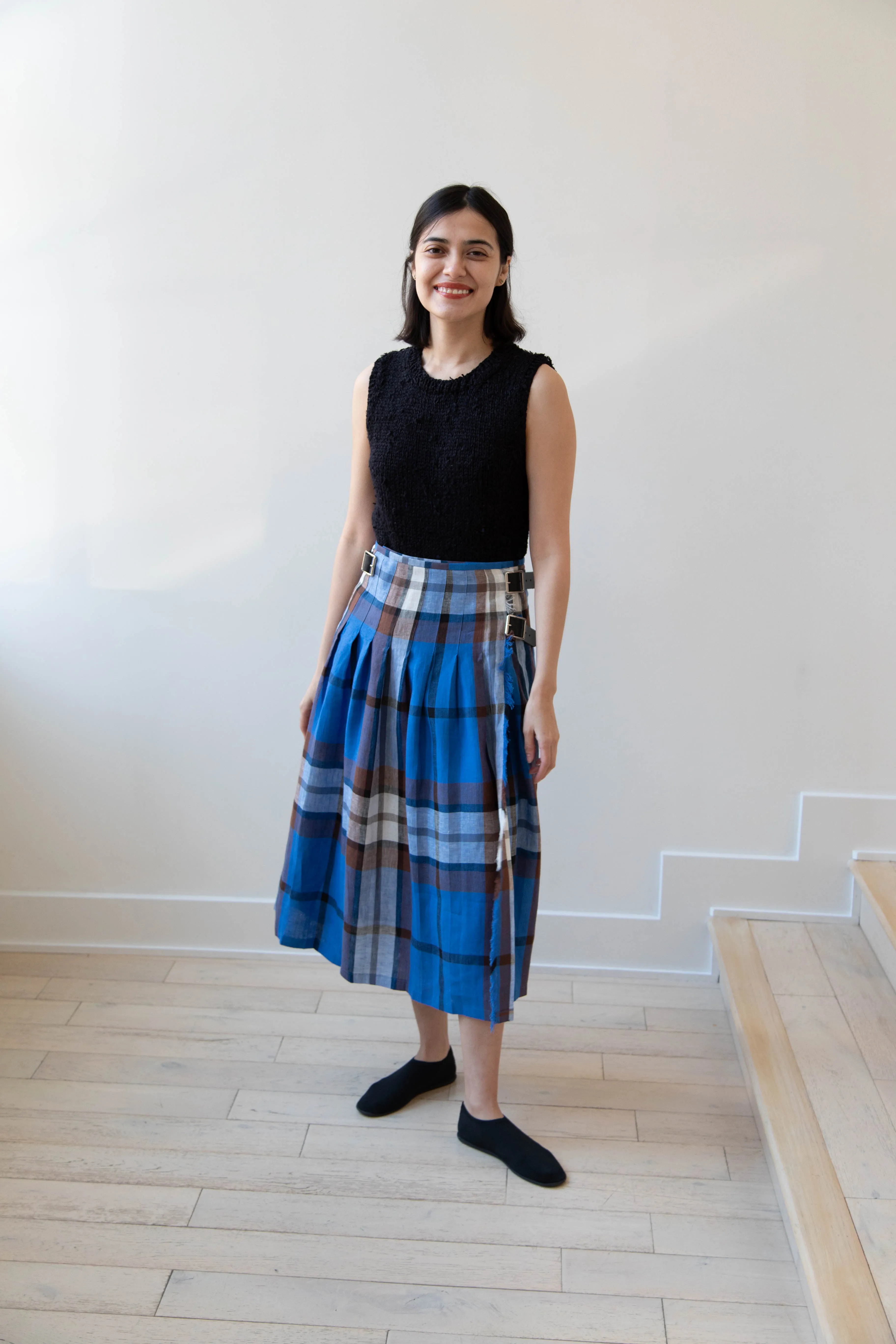 O'Neil of Dublin | Linen Pleated Skirt in Blue Check