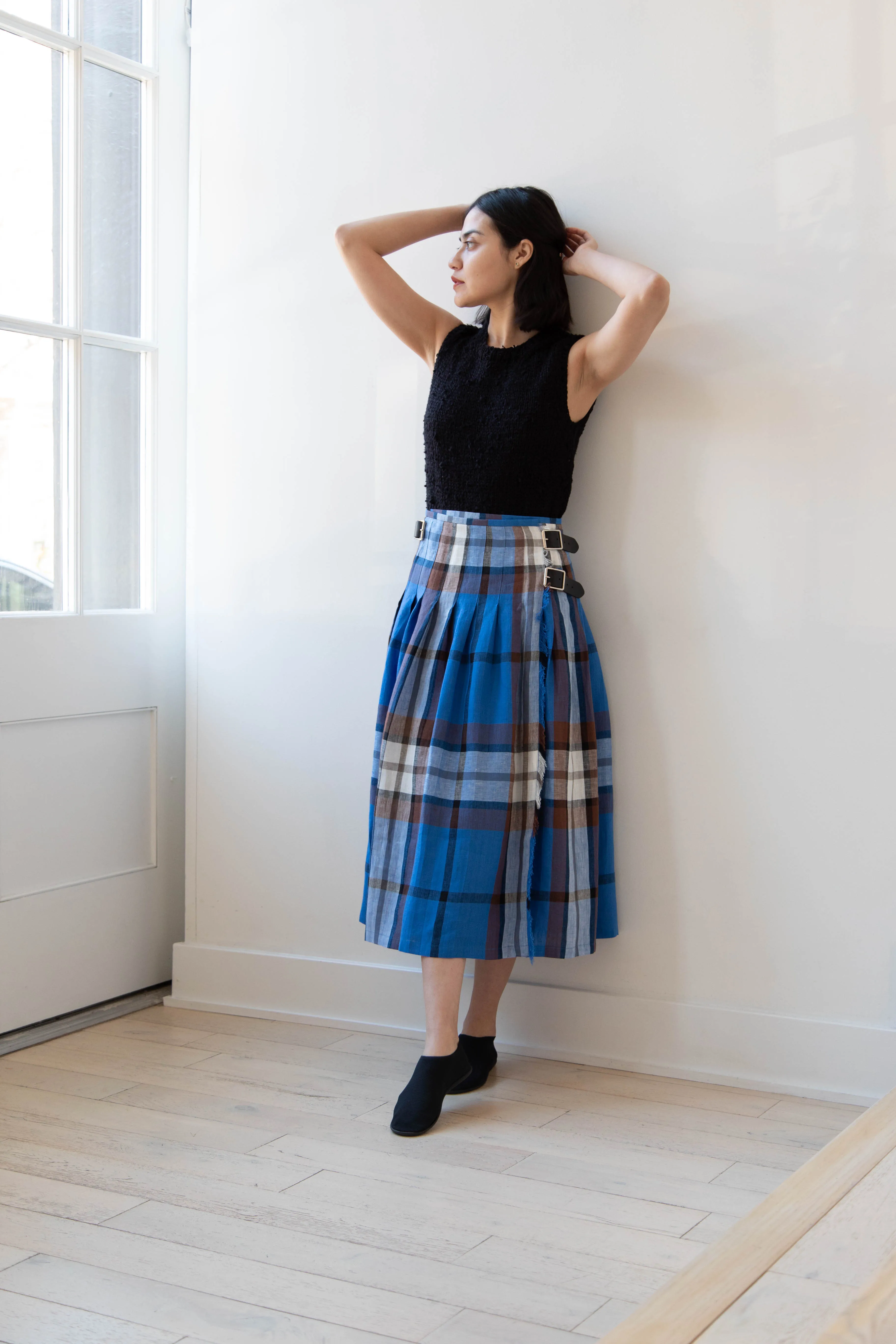 O'Neil of Dublin | Linen Pleated Skirt in Blue Check