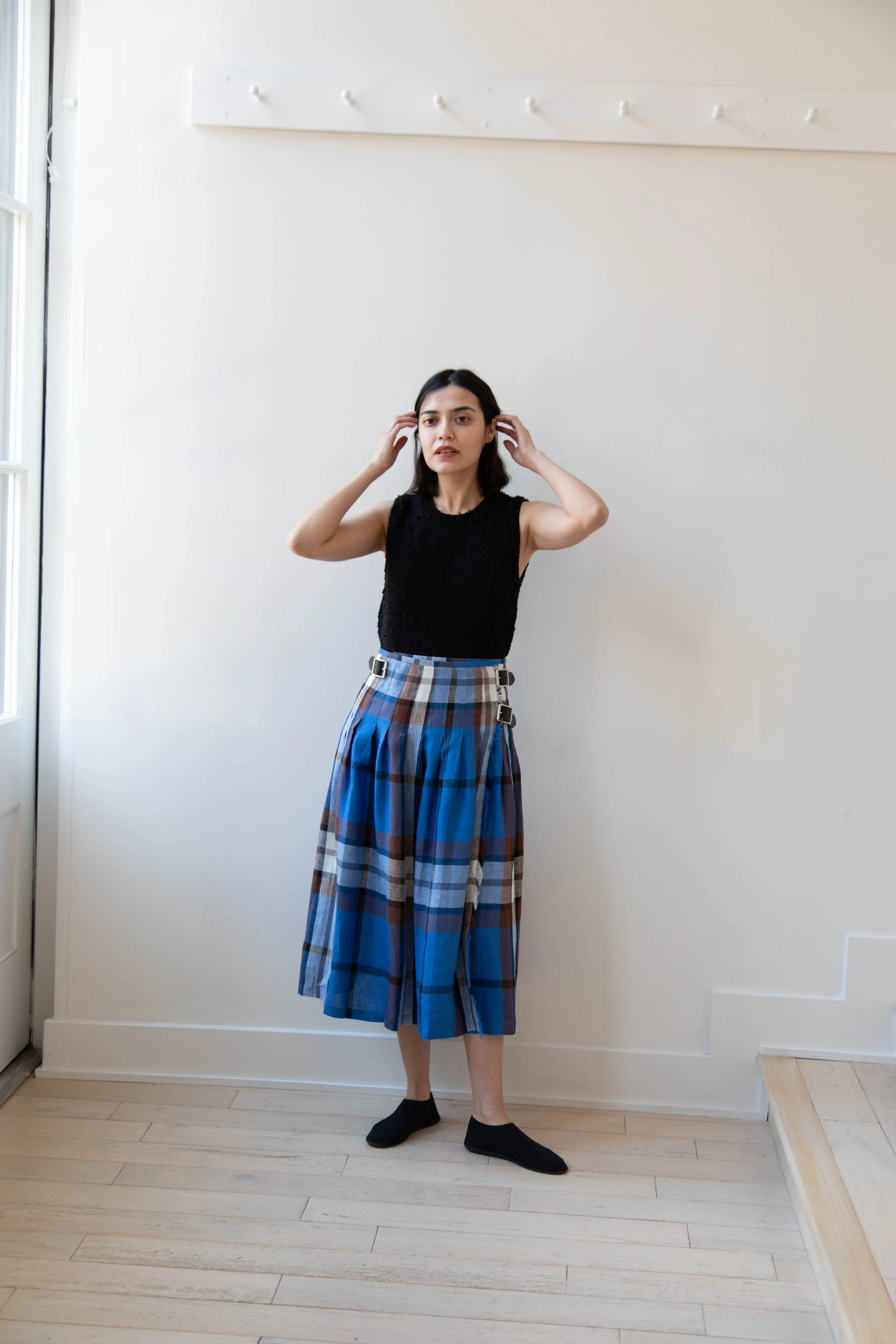 O'Neil of Dublin | Linen Pleated Skirt in Blue Check