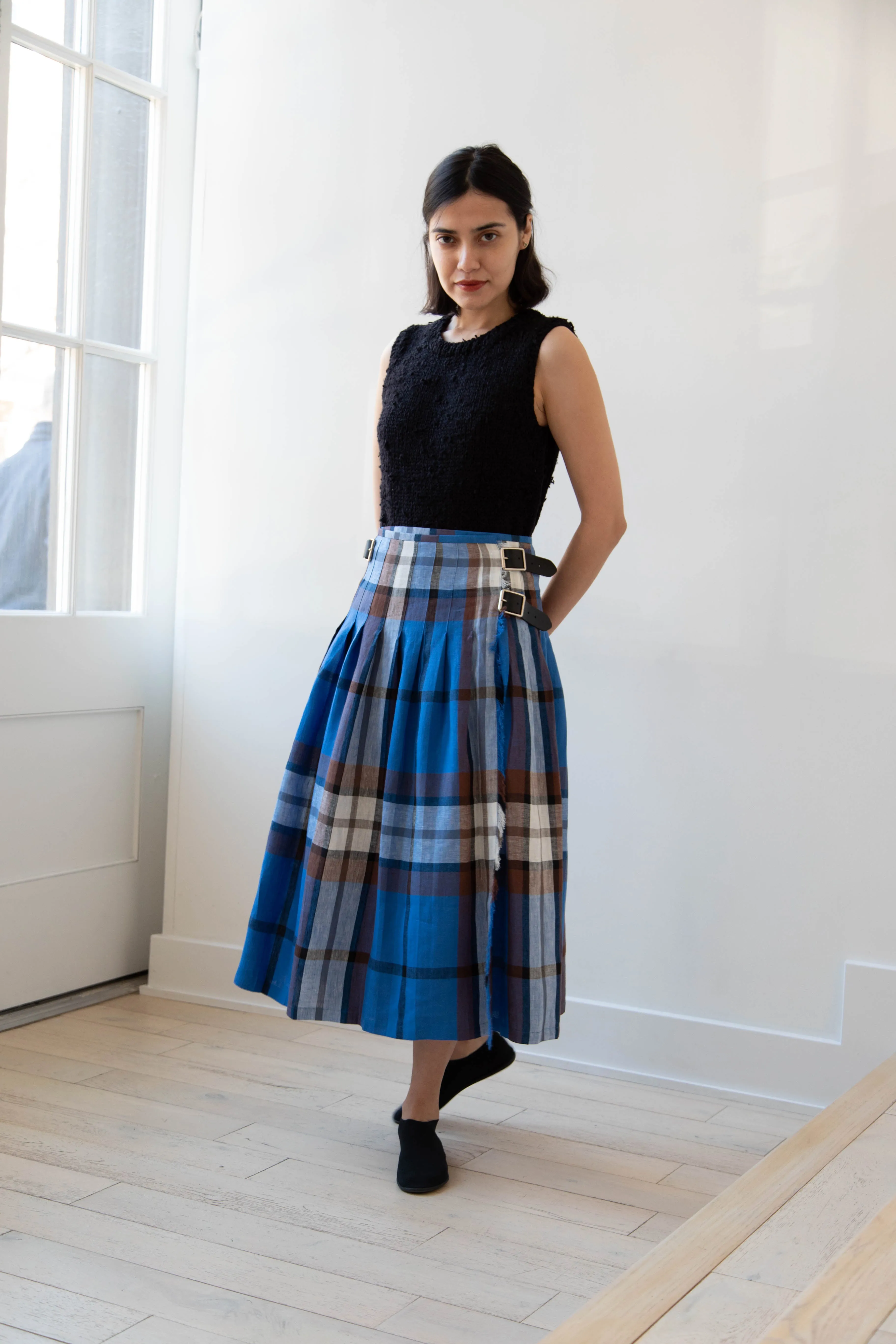 O'Neil of Dublin | Linen Pleated Skirt in Blue Check