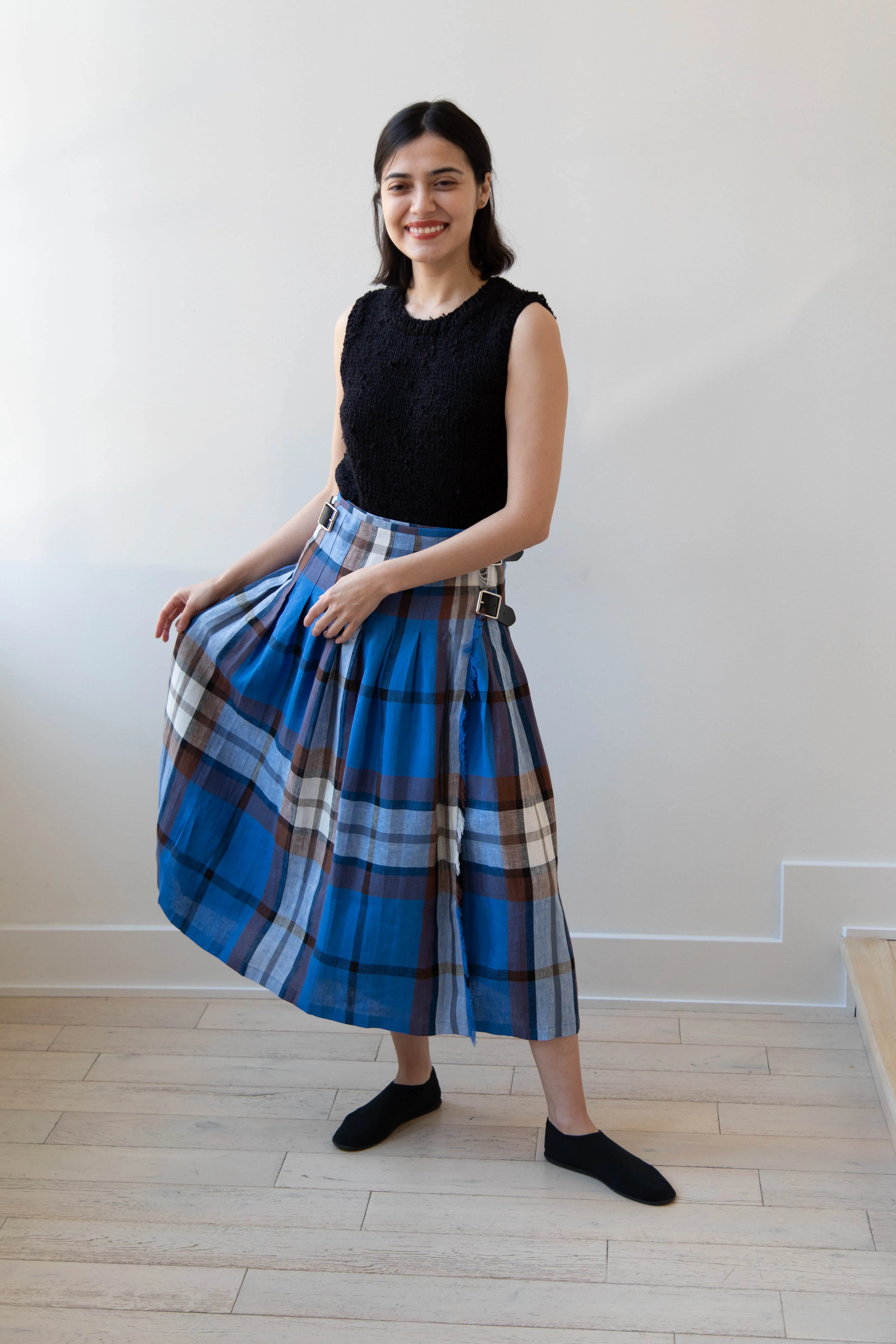 O'Neil of Dublin | Linen Pleated Skirt in Blue Check