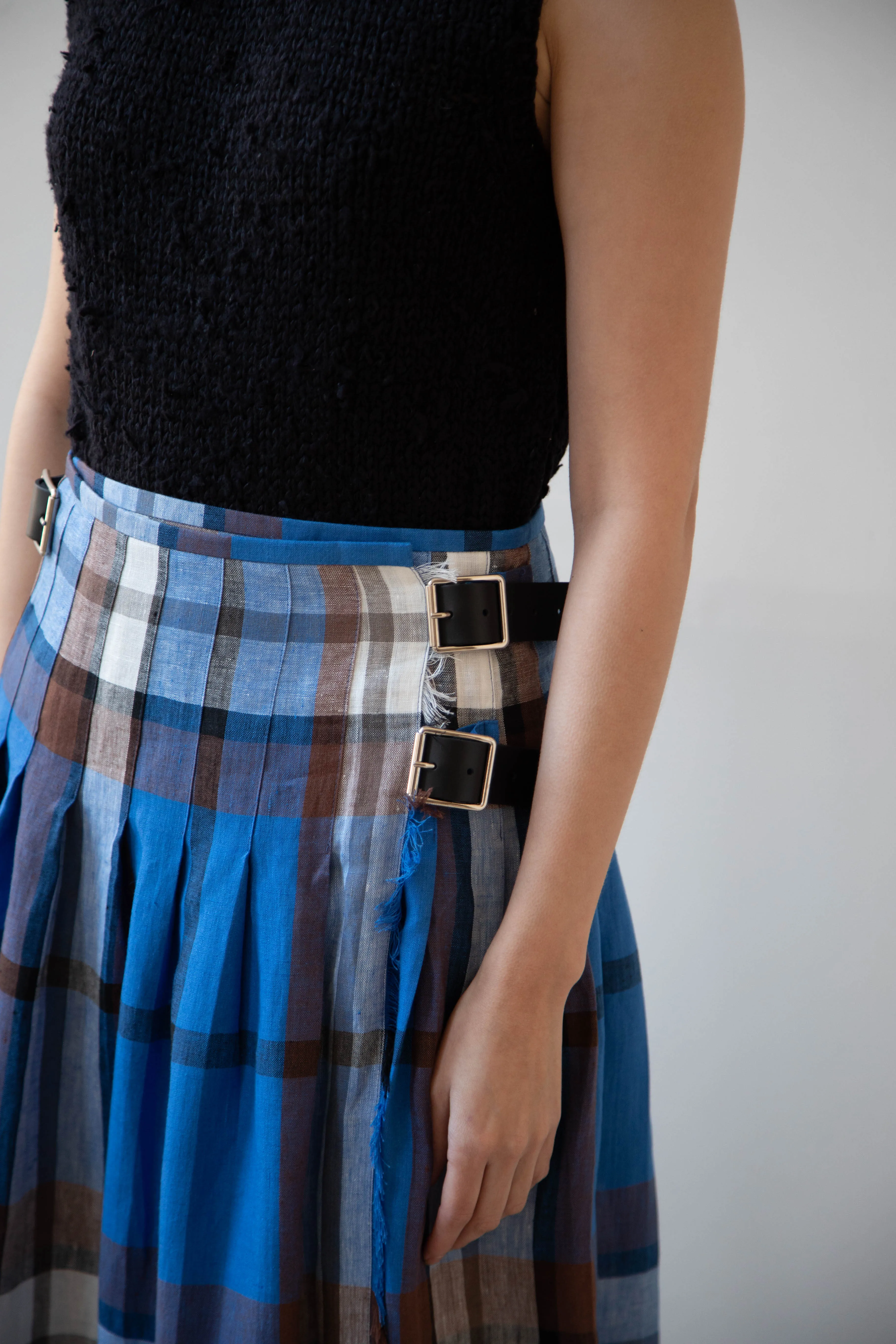 O'Neil of Dublin | Linen Pleated Skirt in Blue Check