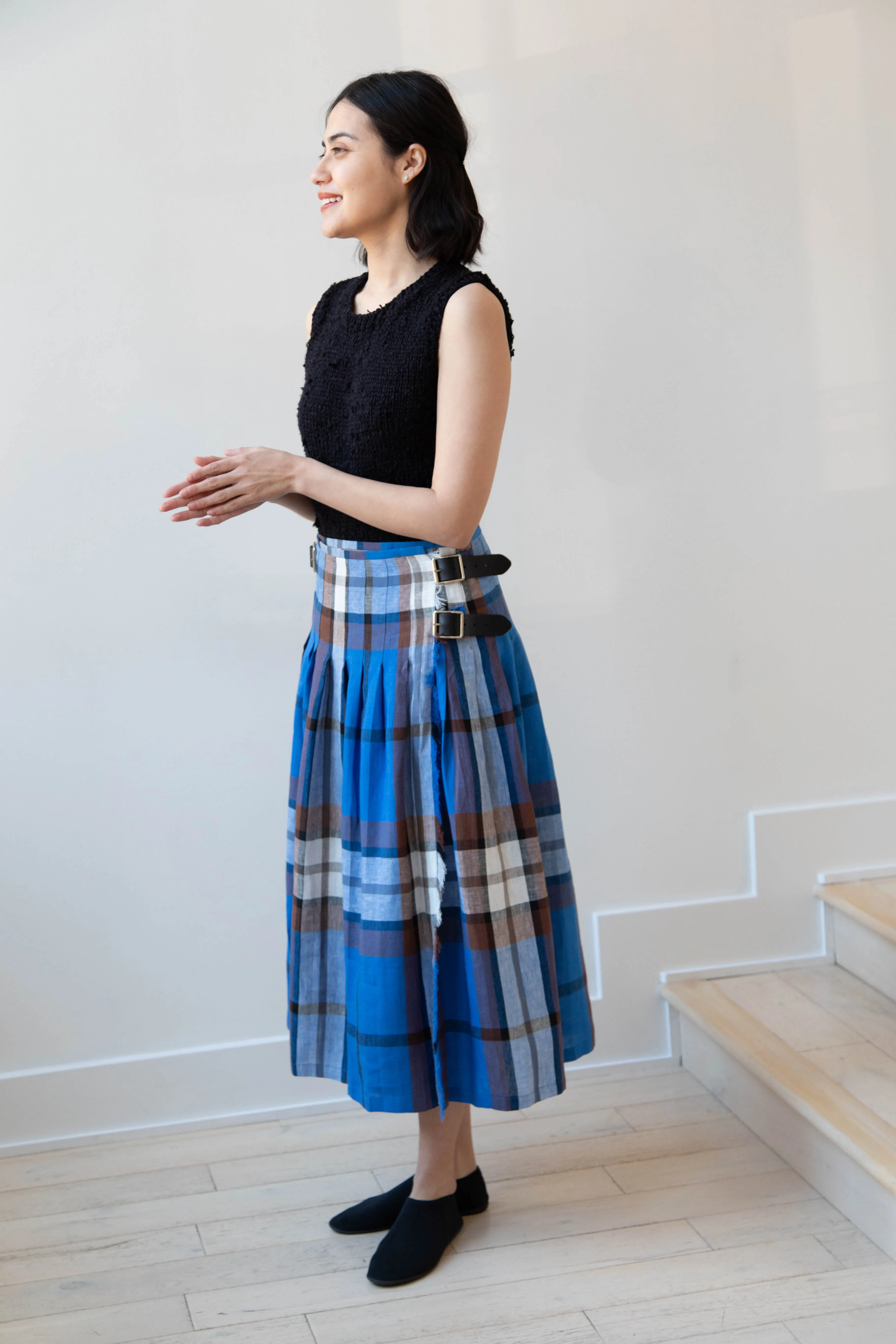 O'Neil of Dublin | Linen Pleated Skirt in Blue Check