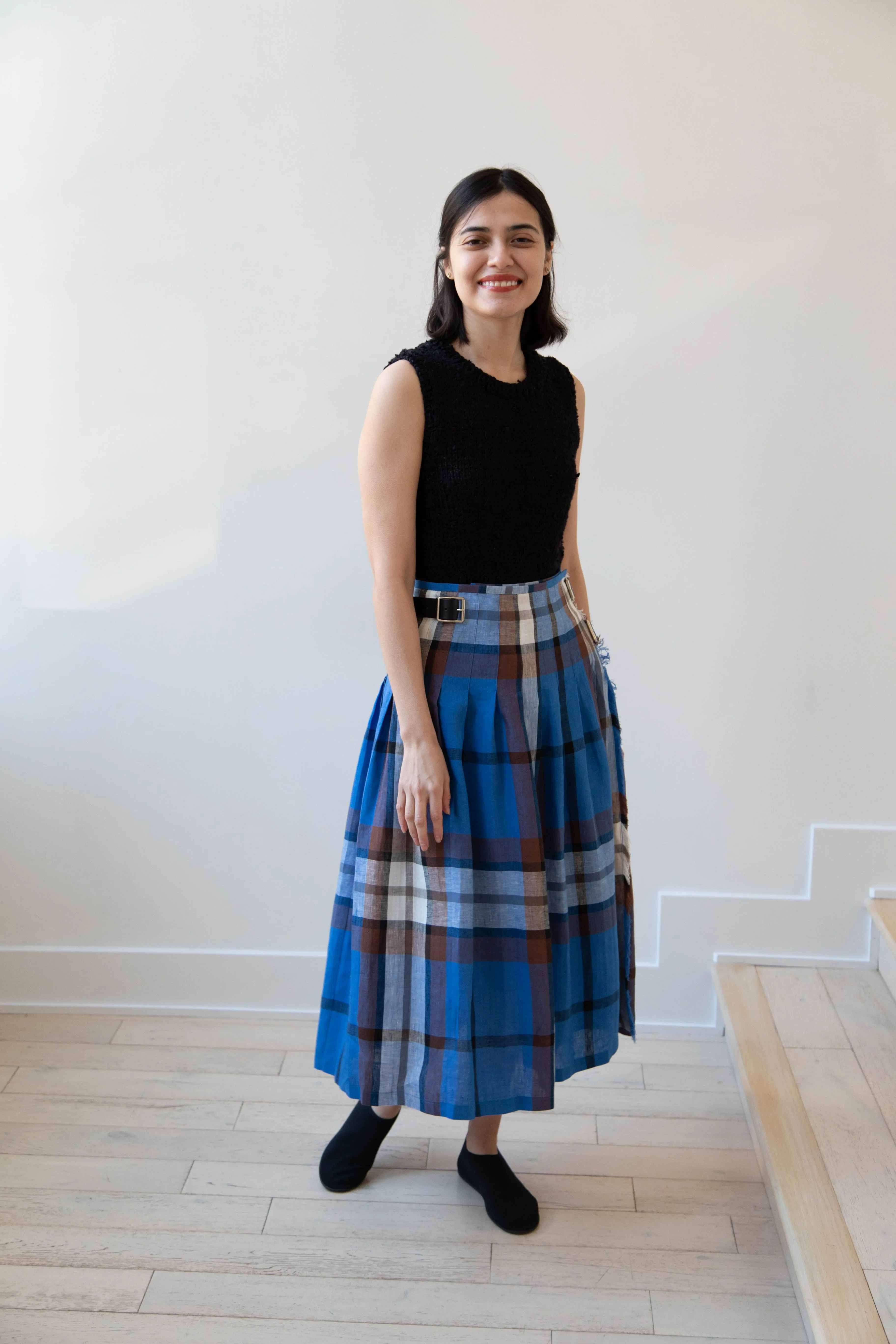 O'Neil of Dublin | Linen Pleated Skirt in Blue Check