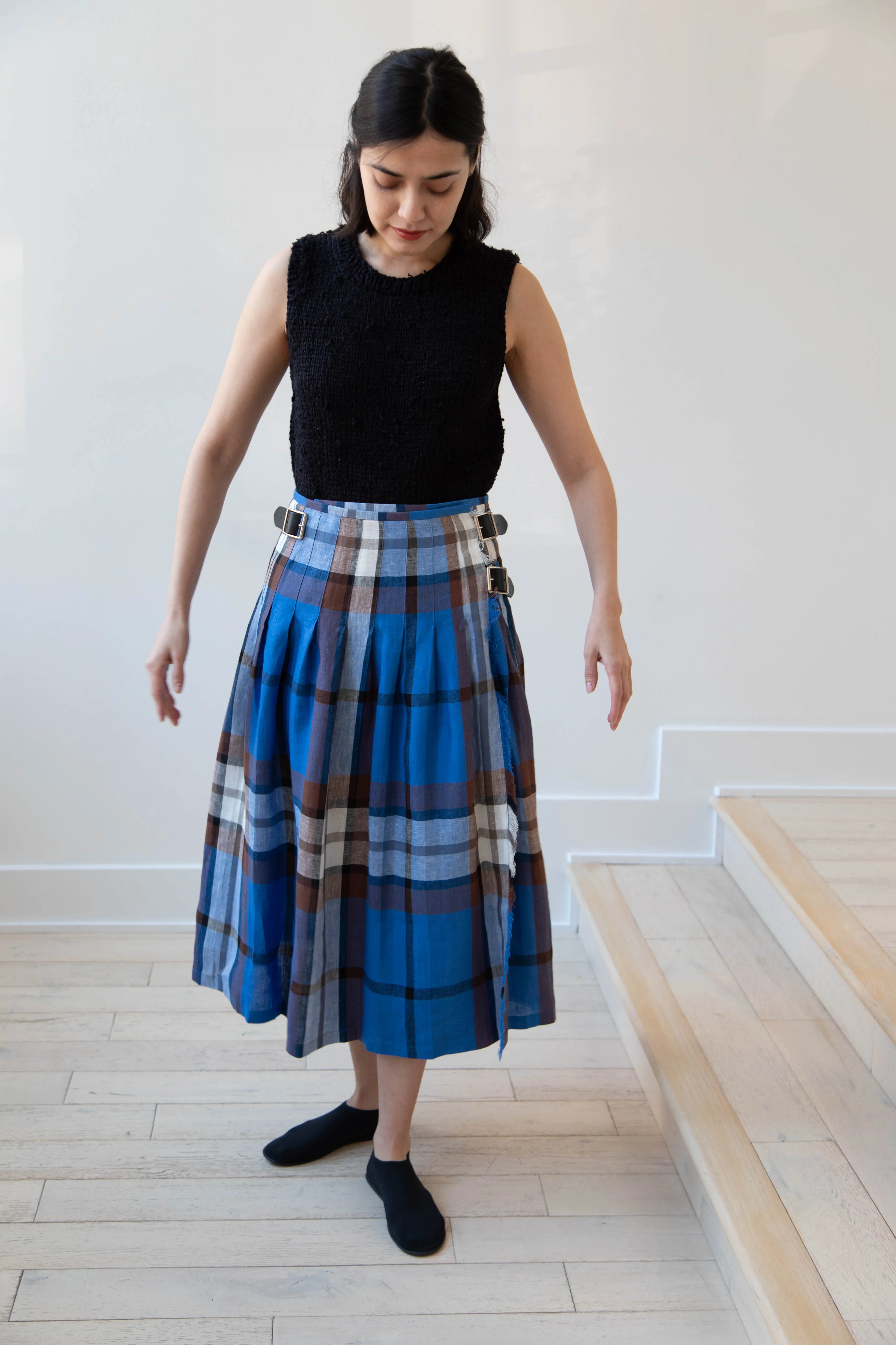 O'Neil of Dublin | Linen Pleated Skirt in Blue Check