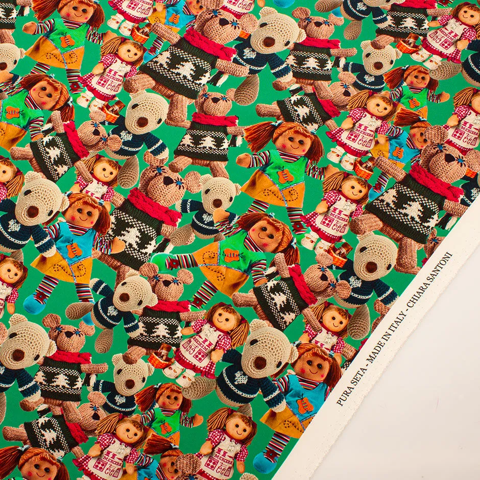 Printed Dolls & Teddy Bears Green Silk