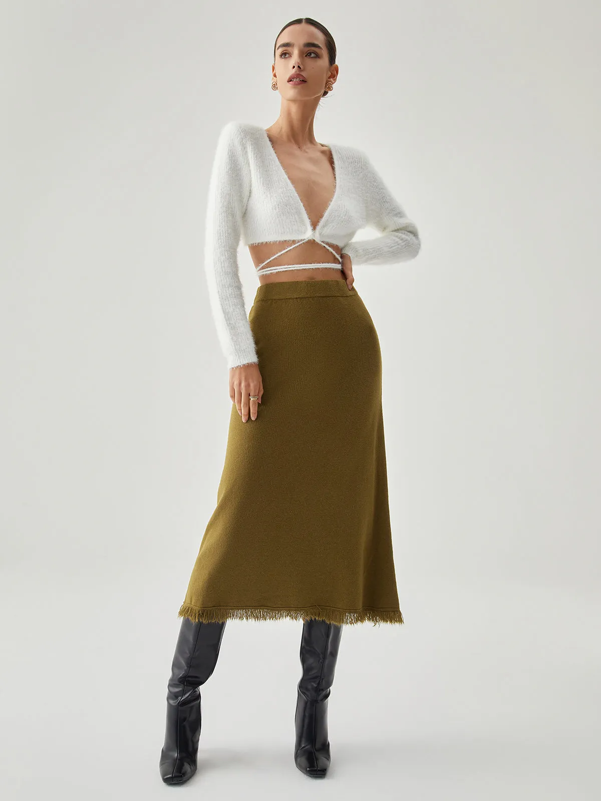 Raw Hem High Trendy Waist Midi Knit Skirt