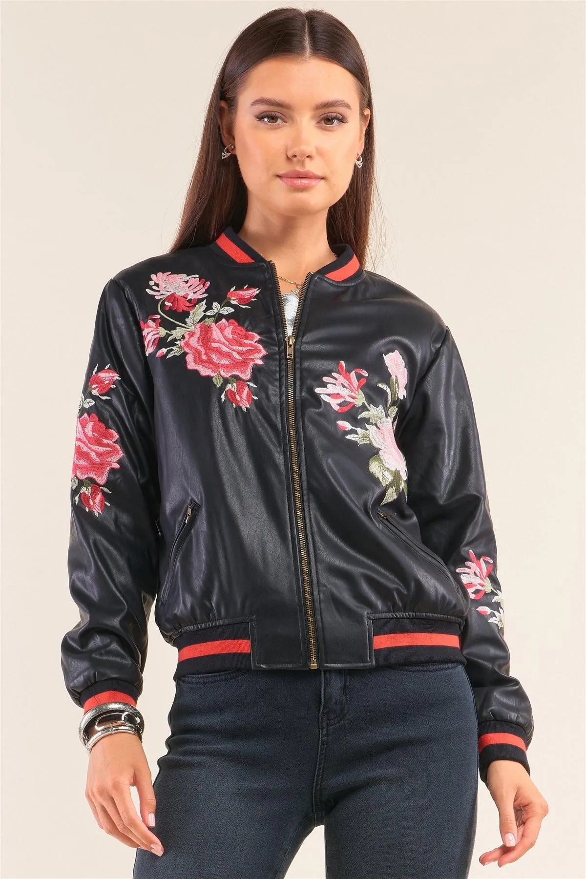 Rosa Black Vegan Leather Floral Embroidery Striped Hem Bomber Jacket /3-3