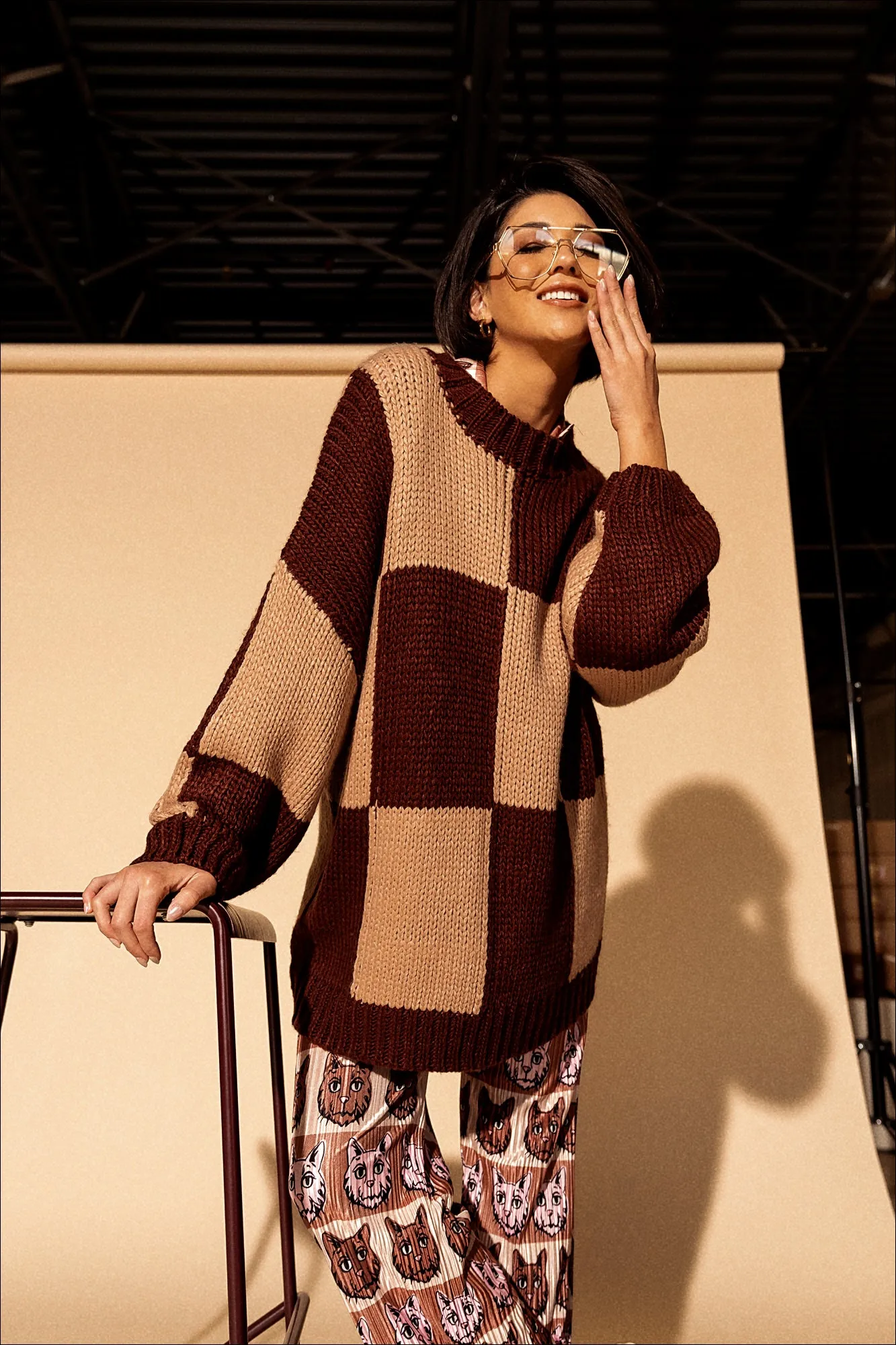 Rue Oversized Checkerboard Knit in Tan/Brown