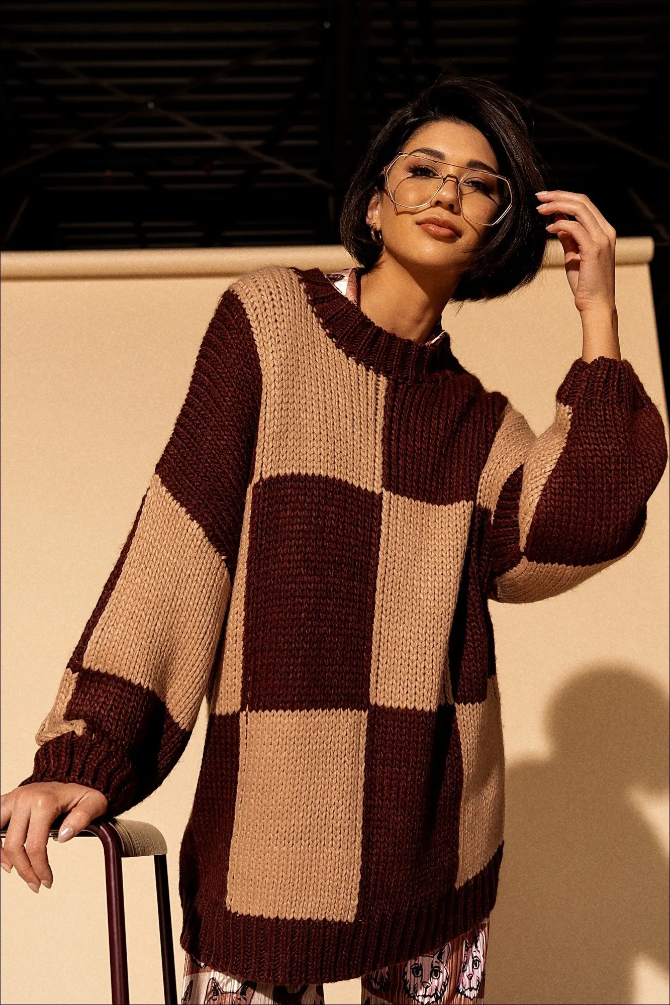 Rue Oversized Checkerboard Knit in Tan/Brown