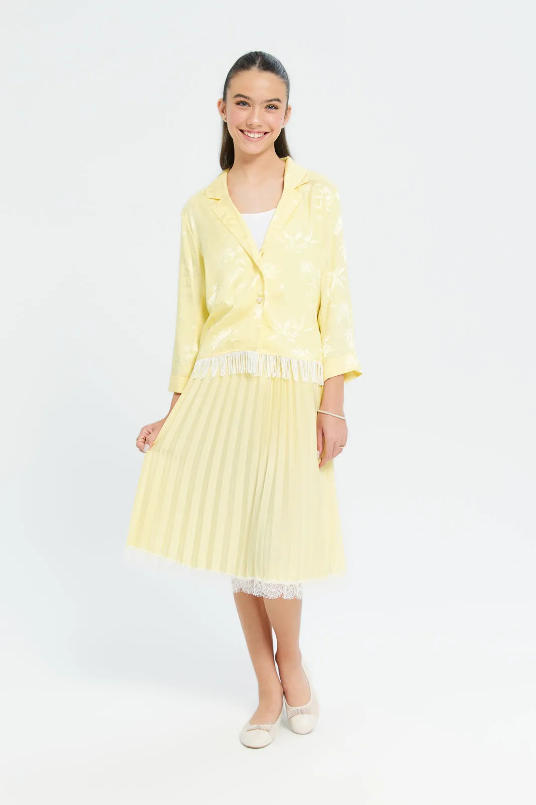 Senior Girls Yellow Jacquard Blazer With Tassels