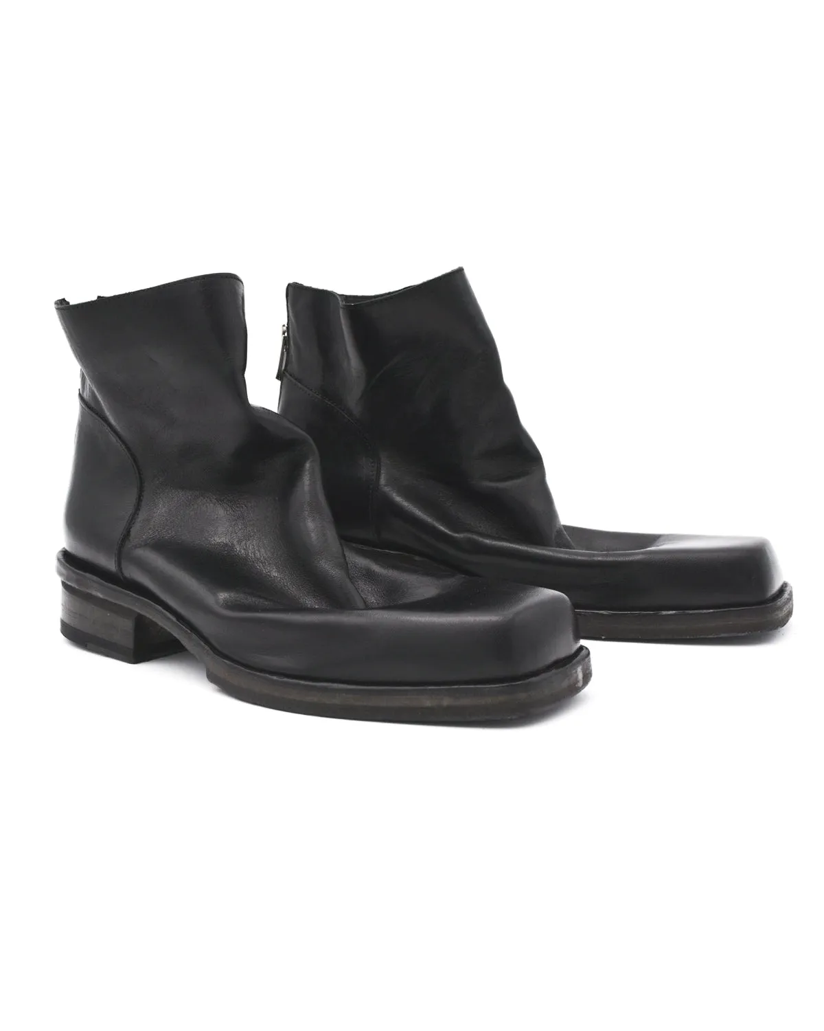 Shoto Black Square Toe Back Zip Low Ankle Boot