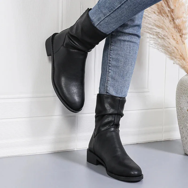 Sohiwoo Retro Pleated Black Ankle Boots Women Comfortable Low Heel Pu Leather Boots Woman Casual Back Zipper Short Booties Mujer