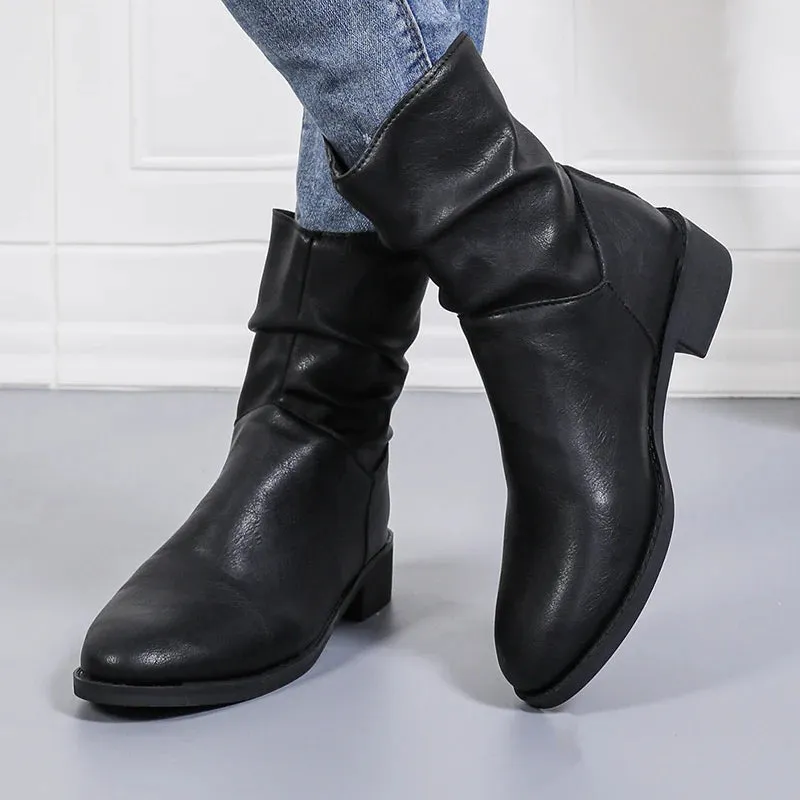 Sohiwoo Retro Pleated Black Ankle Boots Women Comfortable Low Heel Pu Leather Boots Woman Casual Back Zipper Short Booties Mujer