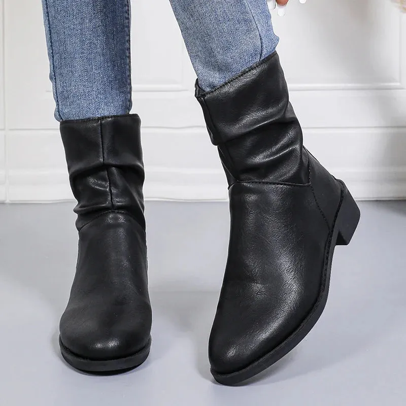 Sohiwoo Retro Pleated Black Ankle Boots Women Comfortable Low Heel Pu Leather Boots Woman Casual Back Zipper Short Booties Mujer