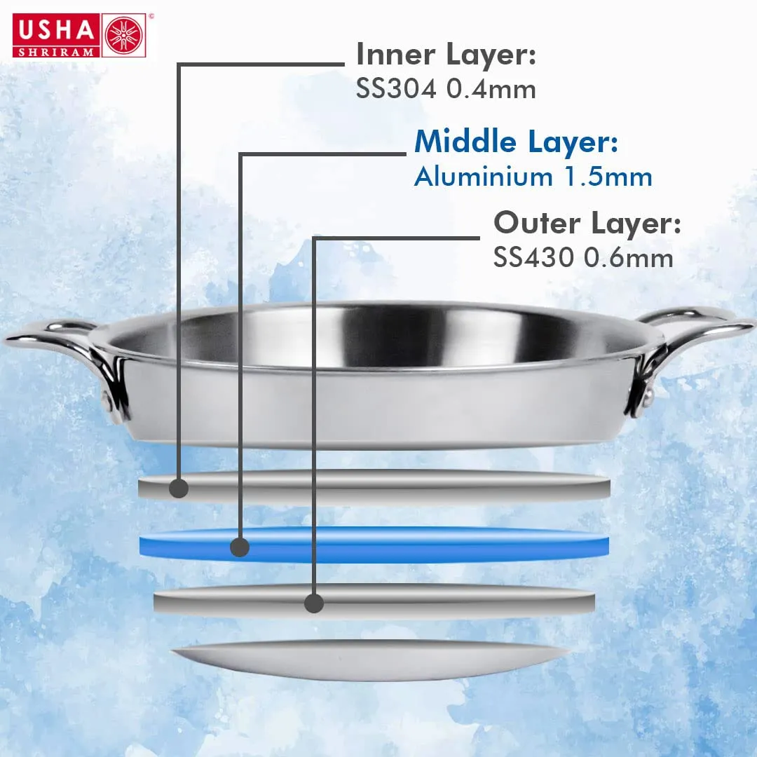 USHA SHRIRAM Triply Stainless Steel Kadai with Lid (2.2L) & Non Stick Kadai with Lid (2.4L) | Stove & Induction Cookware | Heat Surround Cooking | Heavy Bottom Kadai | Deep Frying Kadhai