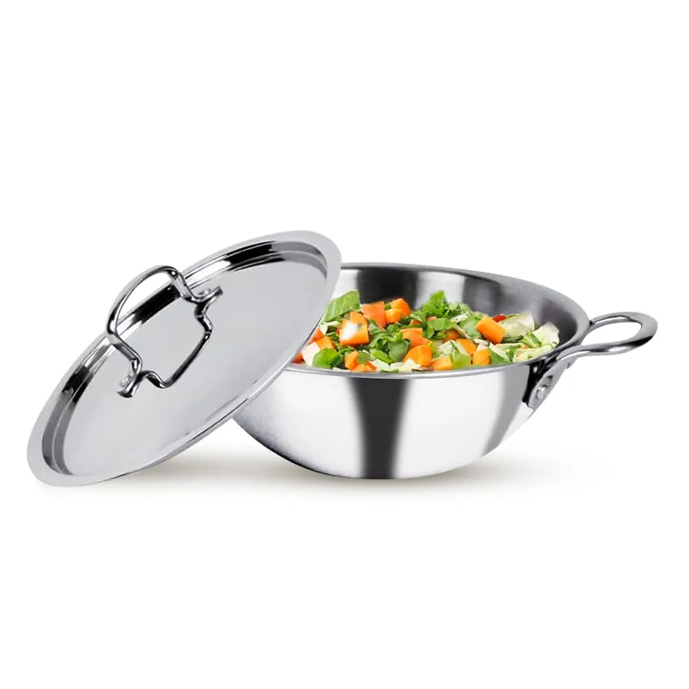 USHA SHRIRAM Triply Stainless Steel Kadai with Lid (2.2L) & Non Stick Kadai with Lid (2.4L) | Stove & Induction Cookware | Heat Surround Cooking | Heavy Bottom Kadai | Deep Frying Kadhai