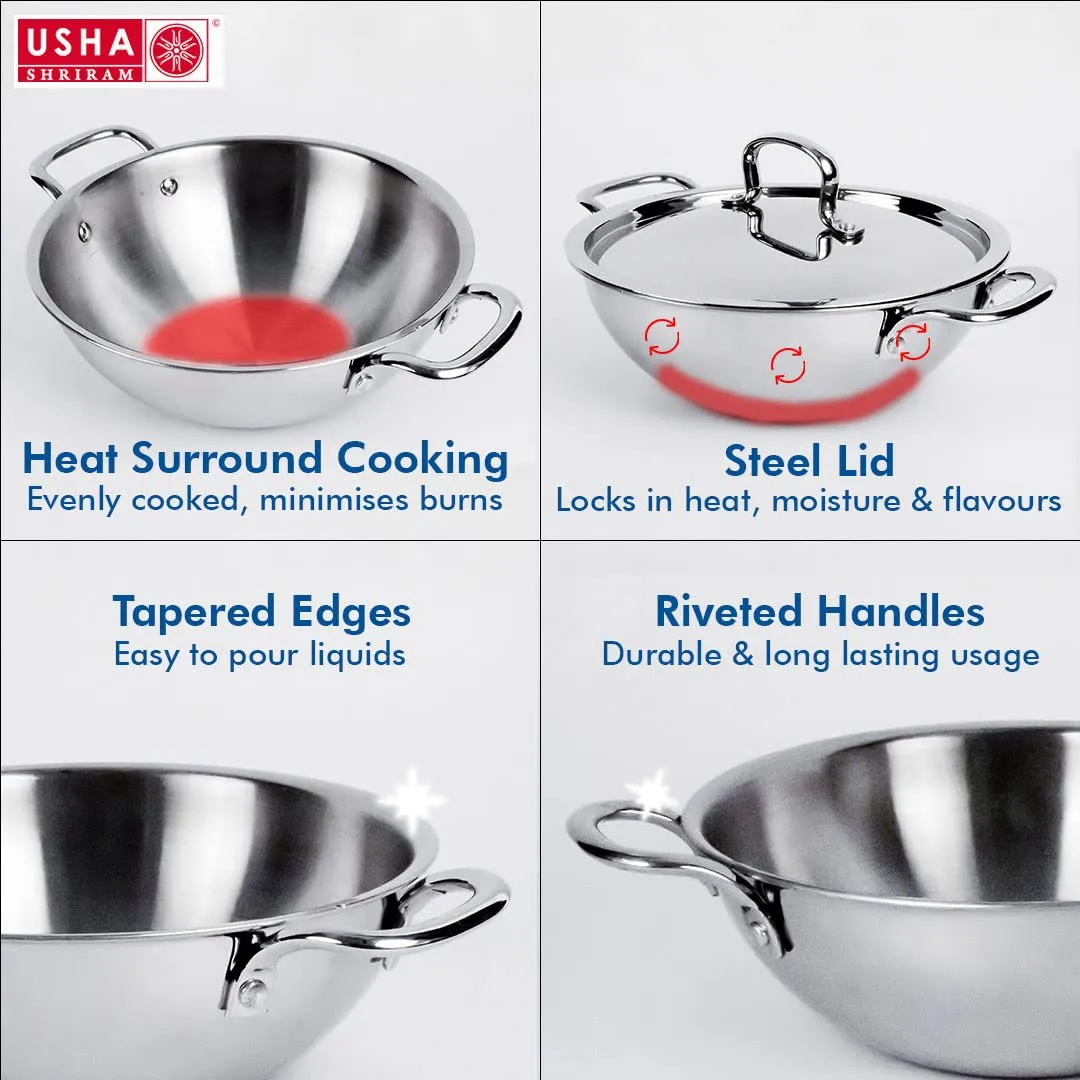 USHA SHRIRAM Triply Stainless Steel Kadai with Lid (2.2L) & Non Stick Kadai with Lid (2.4L) | Stove & Induction Cookware | Heat Surround Cooking | Heavy Bottom Kadai | Deep Frying Kadhai