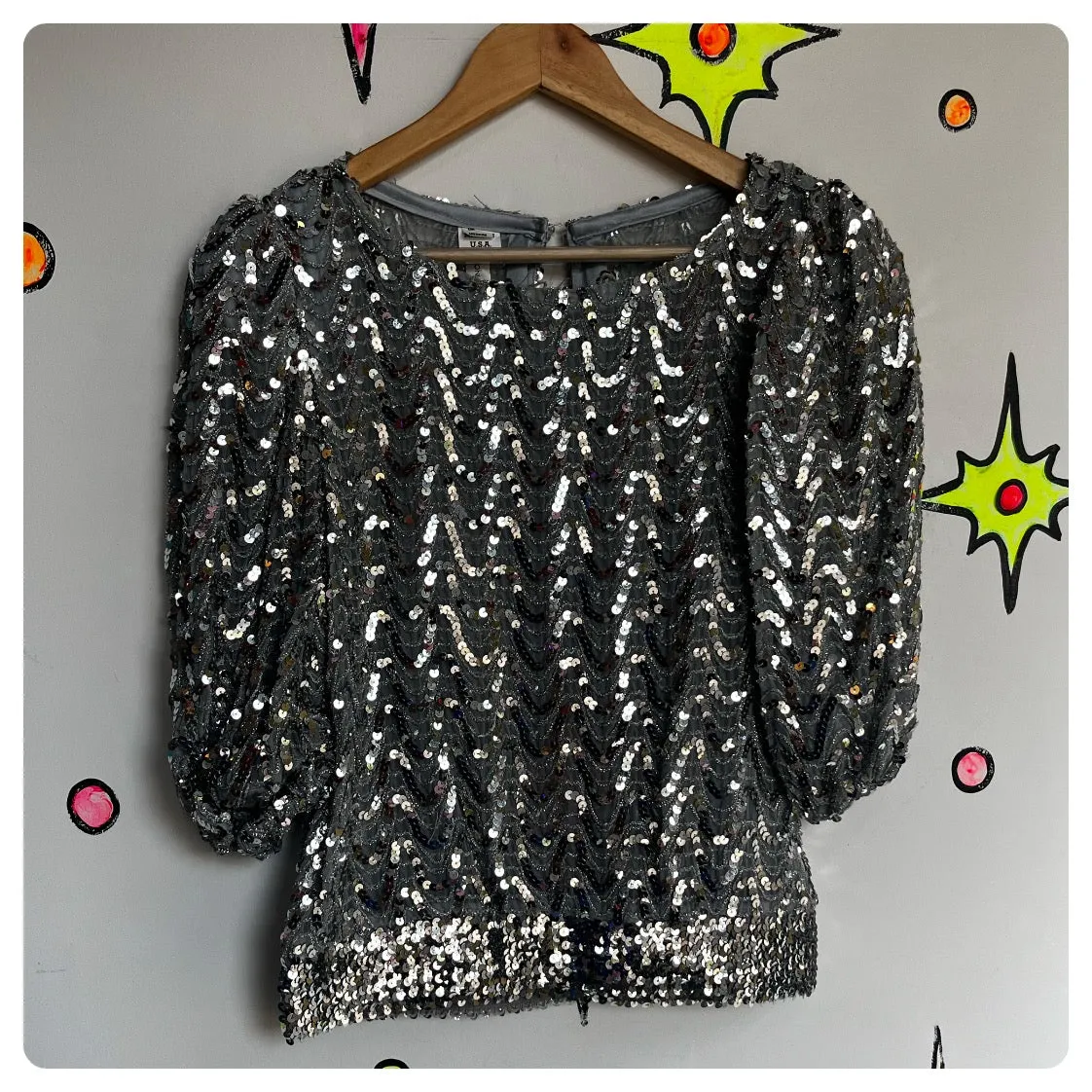 Vintage 70s 80s | Silver Sequin Disco Glam Dolman Sleeve Blouse Top | M