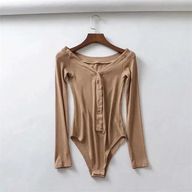 Women V Neck Button Up Bodysuit