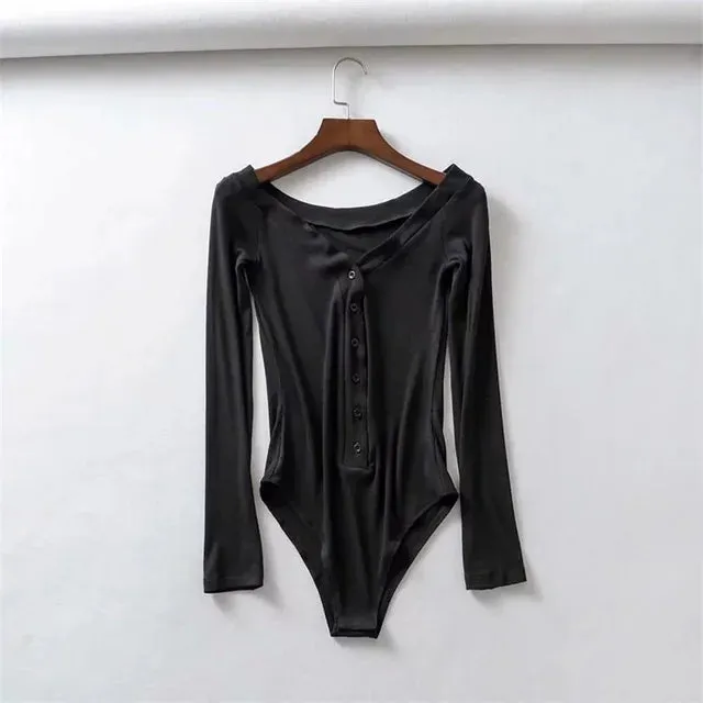 Women V Neck Button Up Bodysuit