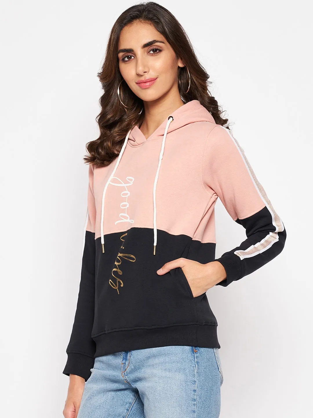 Women's Casual  Peach Regular Full Sleeve Color block Pullover Hoodie Sweatshirt