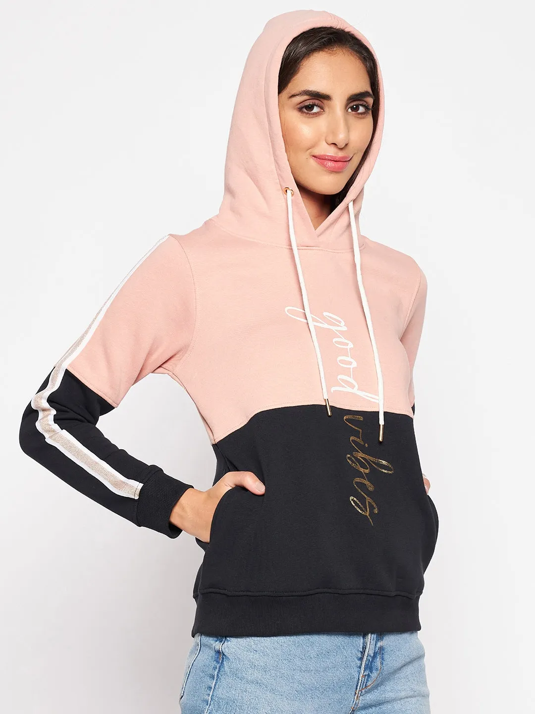 Women's Casual  Peach Regular Full Sleeve Color block Pullover Hoodie Sweatshirt