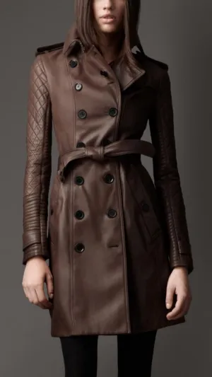 Women's Quilted Sleeves Brown Leather Trench Coat TC27