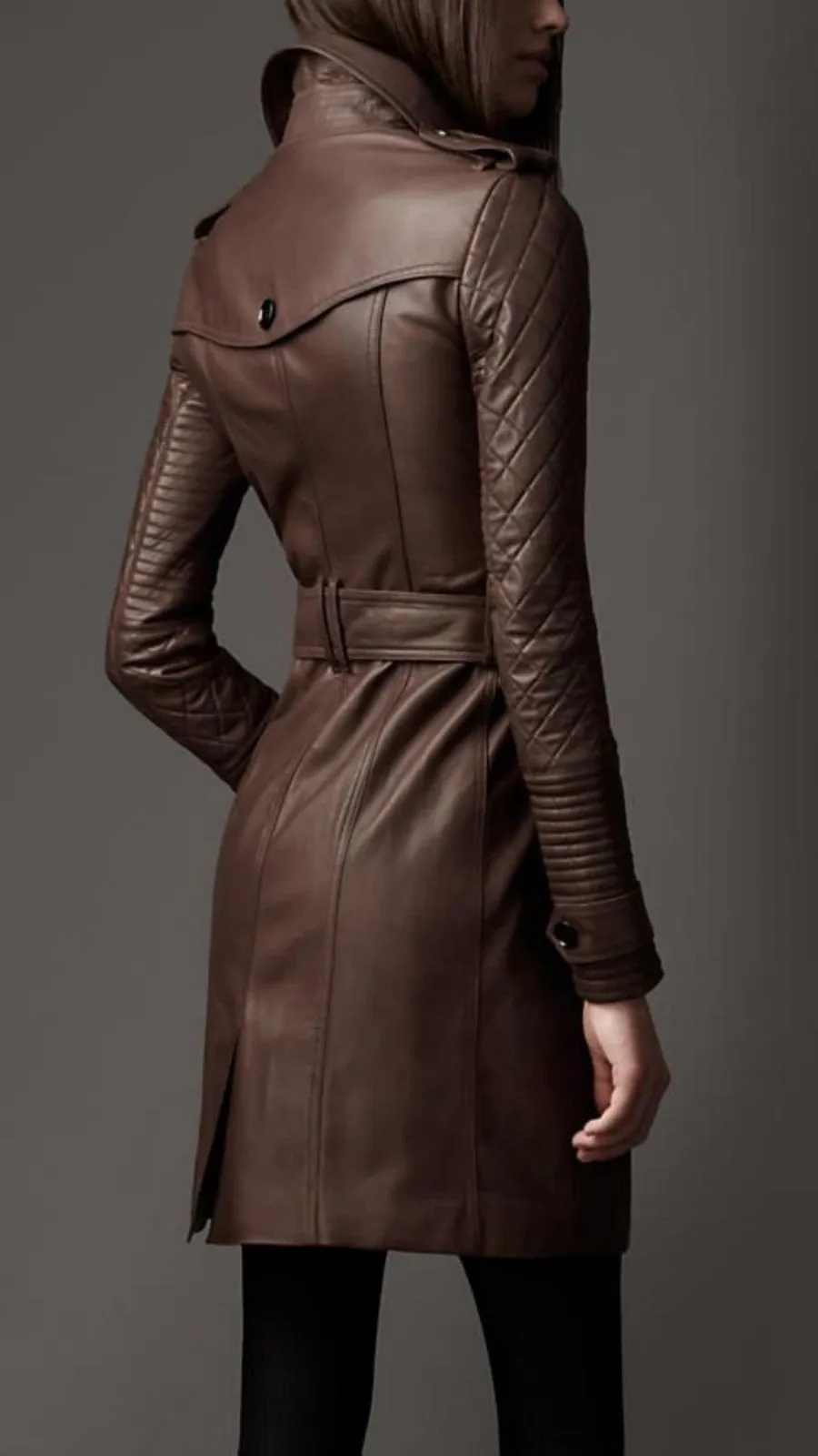 Women's Quilted Sleeves Brown Leather Trench Coat TC27