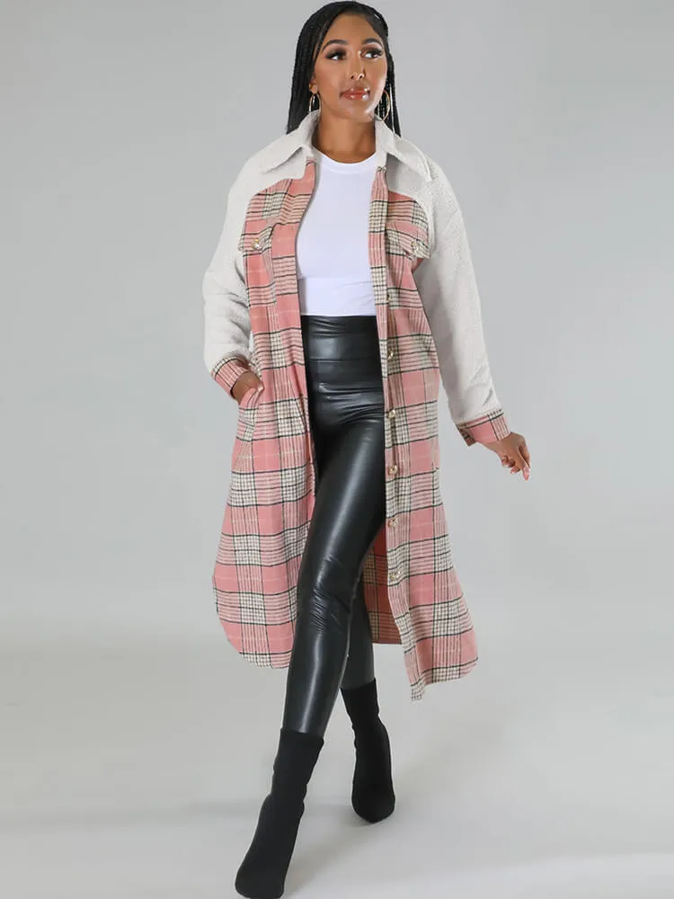 Woolen Long Sleeve Plaid Print Coats